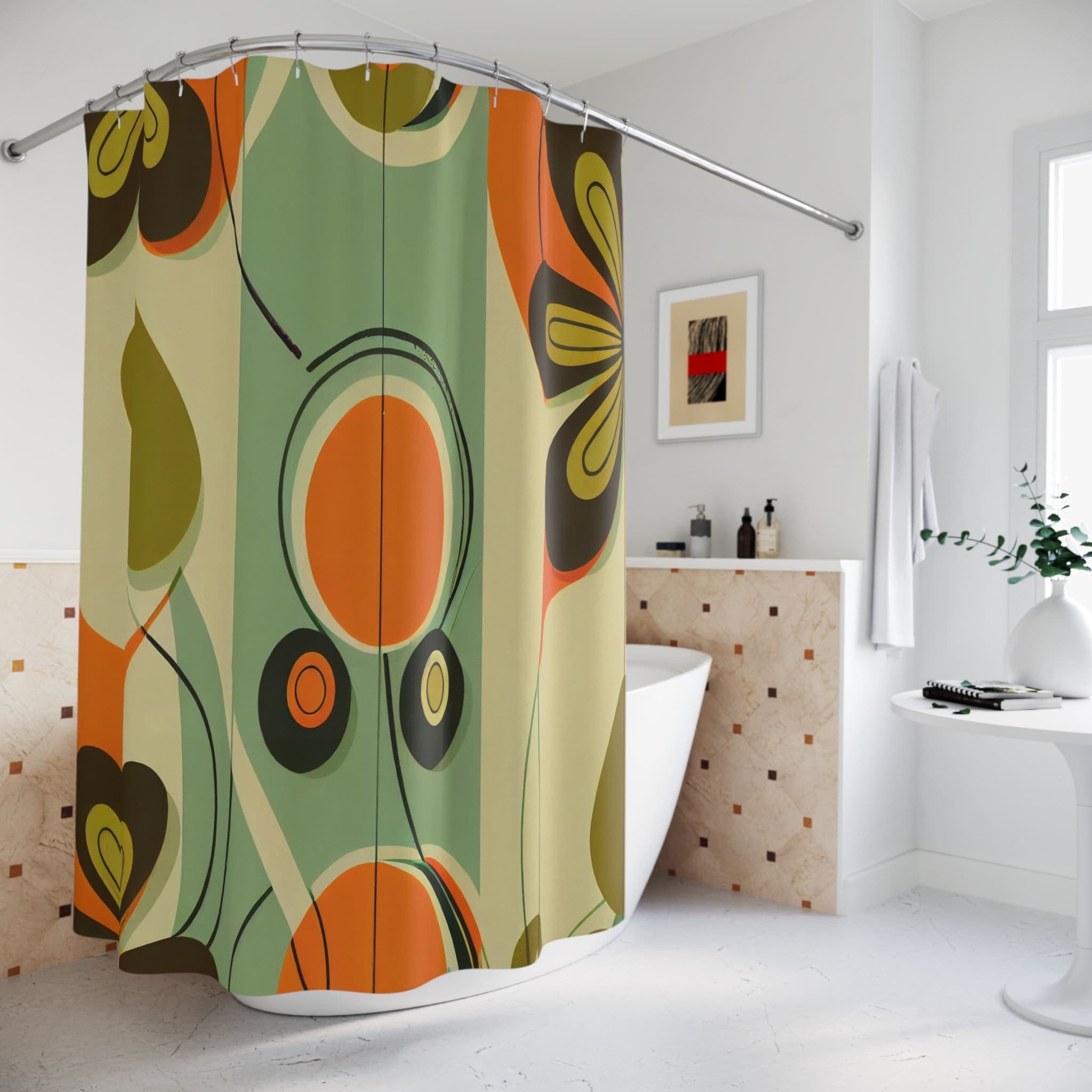 Kate McEnroe New York Retro 60s Mid Century Modern Daisy Shower Curtains, MCM Geometric Bathroom Decor - 128582023Shower CurtainsS40 - GNF - NSL - 7x7