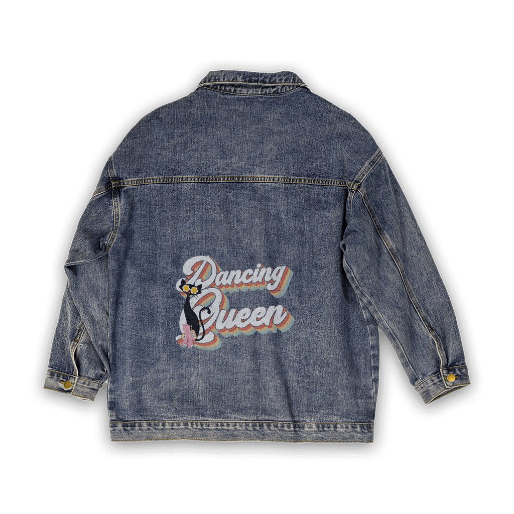 Kate McEnroe New York Retro 70s Atomic Cat Dancing Queen Oversized Denim Jacket, Vintage - Inspired Stylish Jean Wear for WomenJacketsApparel - DTG - DenimJacket - S - Women - CB - 20231020103712884