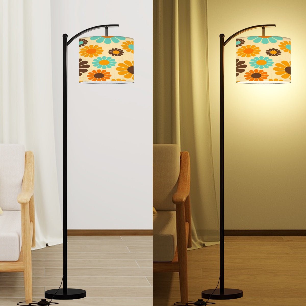 Kate McEnroe New York Retro 70s Daisy Floral Arc Floor Lamp, Mid Century Modern Turquoise Orange Brown DecorFloor LampssO2GWMdMiU