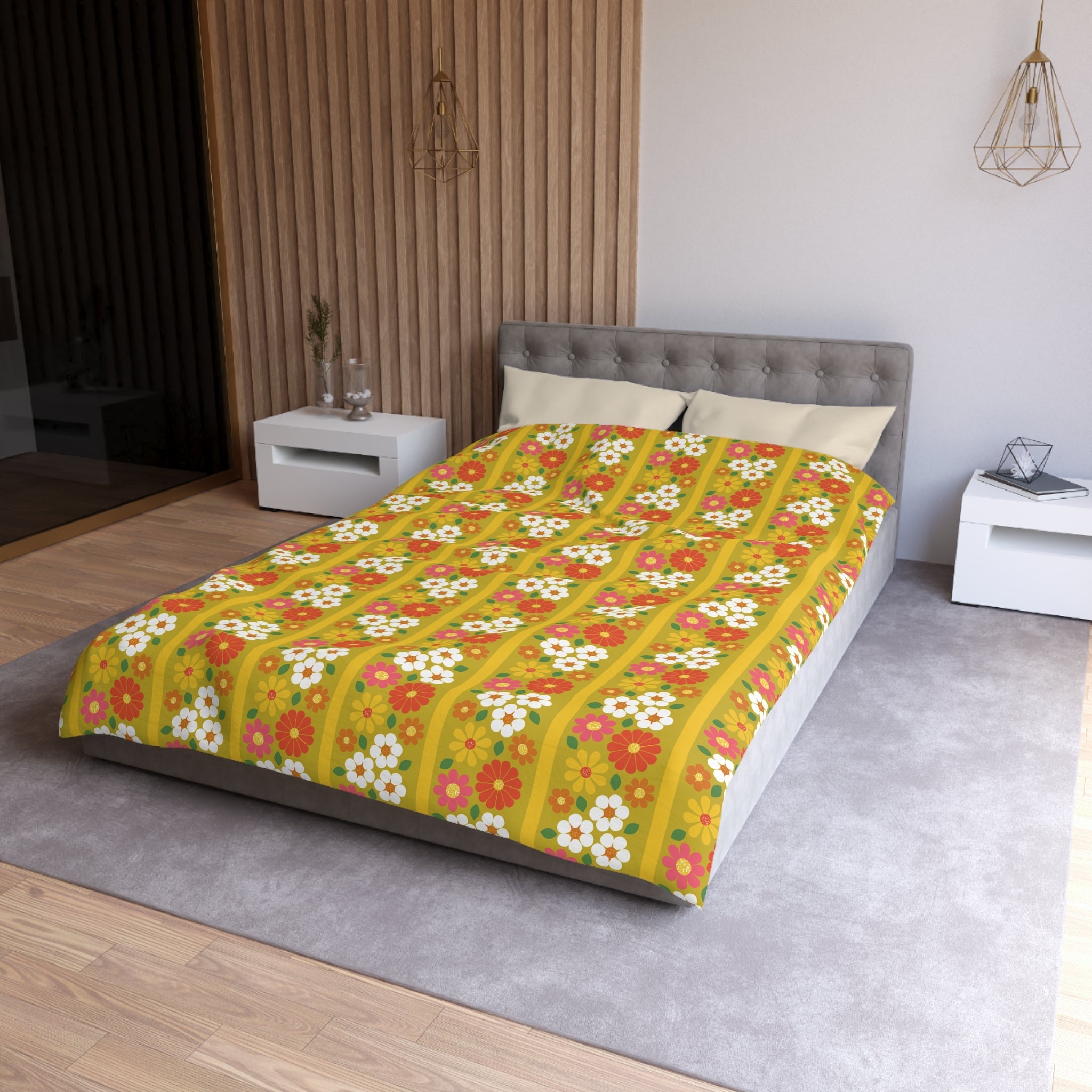 Kate McEnroe New York Retro 70s Floral Duvet Cover, Mid Century Modern Groovy Flower Bedding, Vintage Mod Boho DecorDuvet Covers17125393369781632749