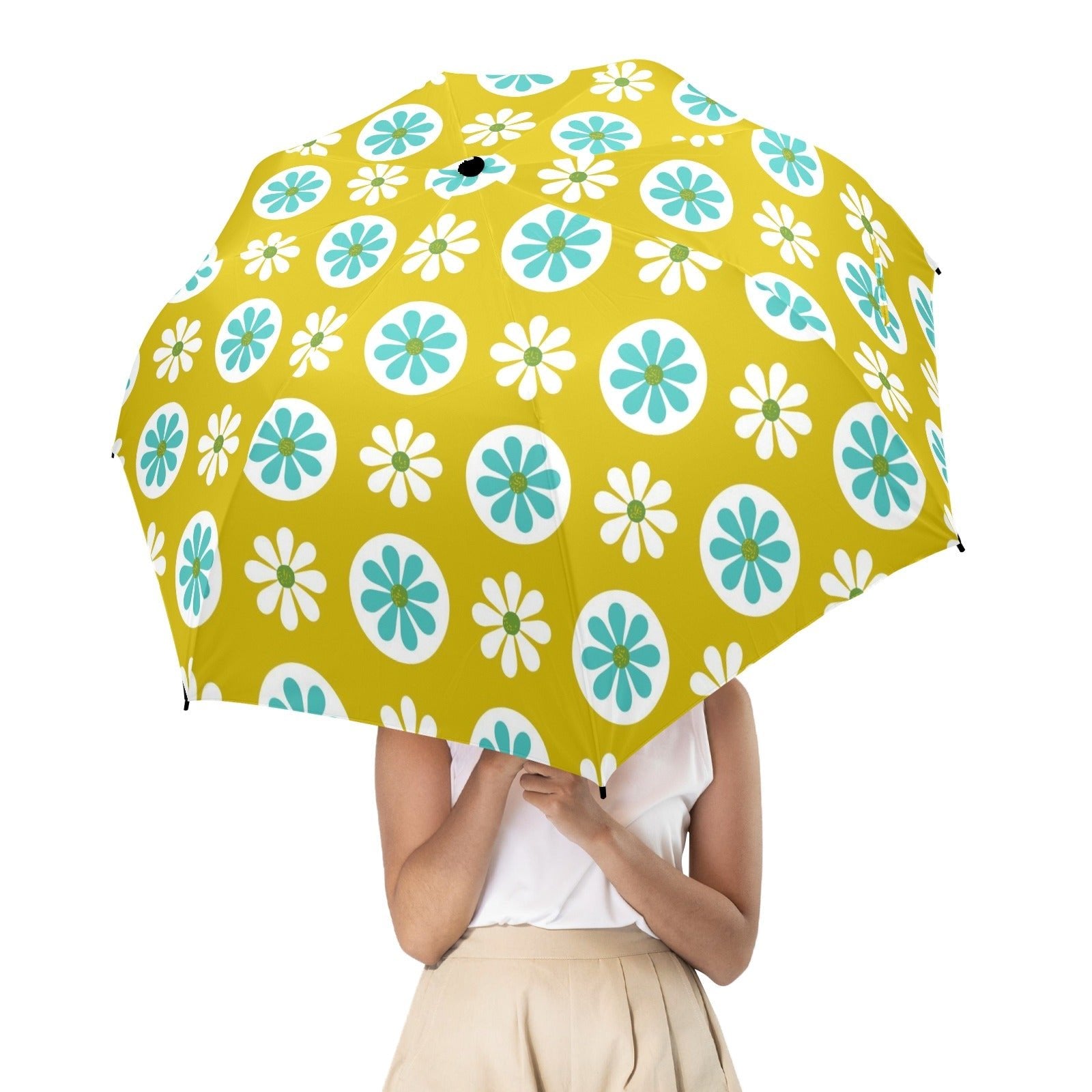 Kate McEnroe New York Retro 70s Floral Foldable Umbrella, Mid Century Modern Daisy Travel ParasolUmbrellasD3125339
