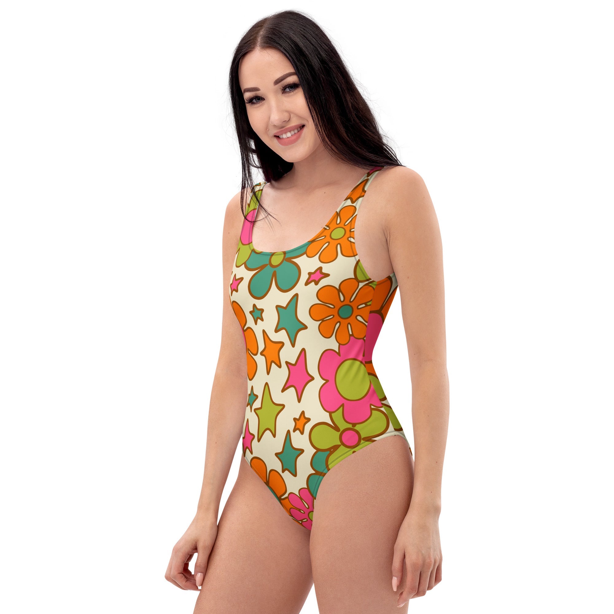 Kate McEnroe New York Retro 70s Floral Swimsuit, Mod Groovy One Piece Bathing Suit, Vintage Summer SwimwearSwimsuits6956540_9014