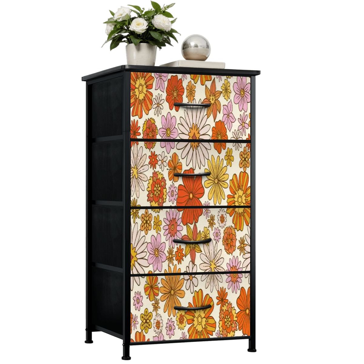 Kate McEnroe New York Retro 70s Flower Power Orange Yellow Floral 4 Drawer DresserDressersPJR5ZCcHUT