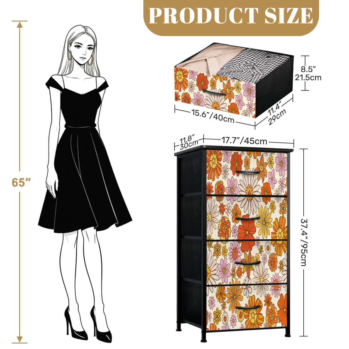 Kate McEnroe New York Retro 70s Flower Power Orange Yellow Floral 4 Drawer DresserDressersPJR5ZCcHUT