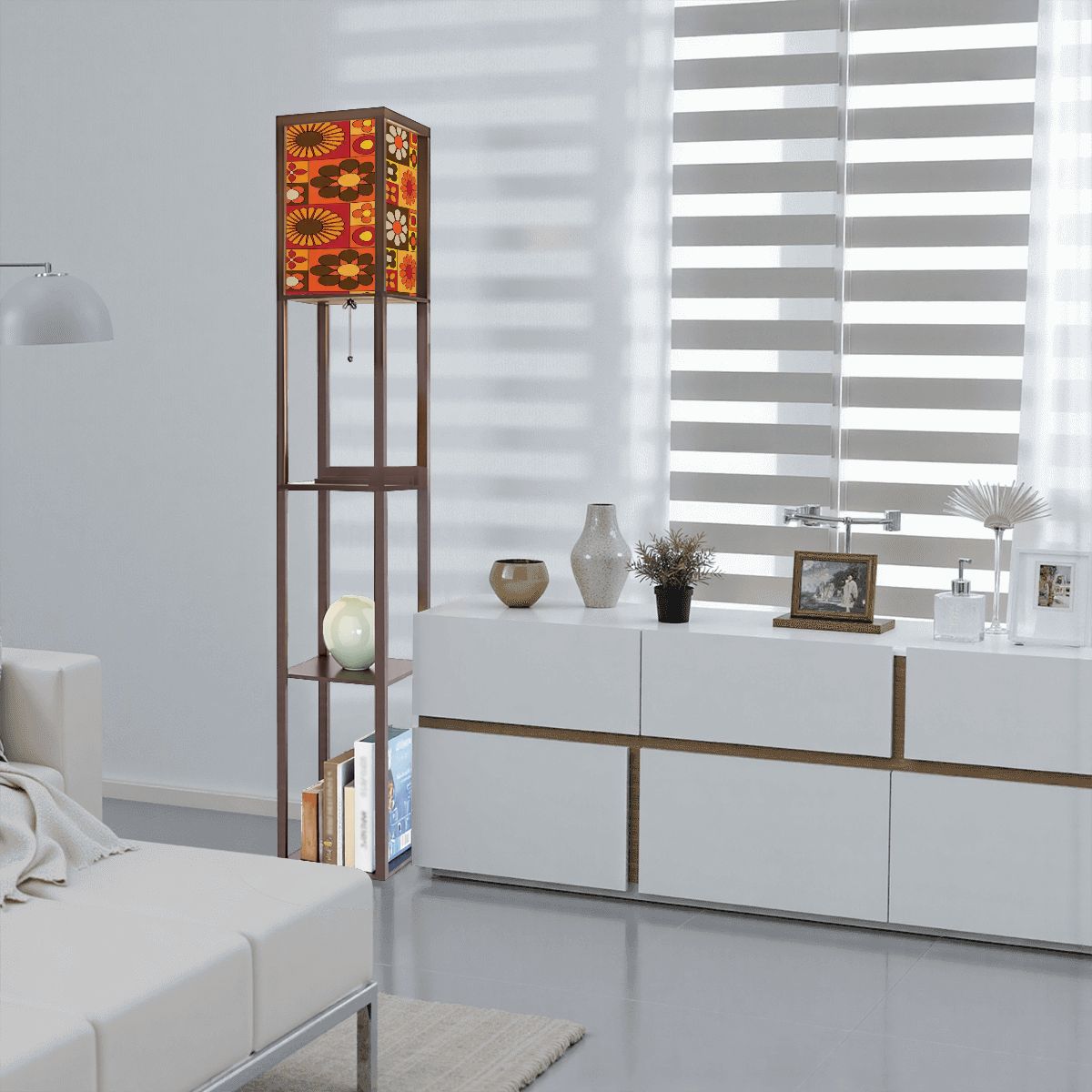 Kate McEnroe New York Retro 70s Flower Power Shelf Floor Lamp, Mid Century Modern Groovy, Office Corner Bookshelf LampShelf LightingMKDPfcWUYN