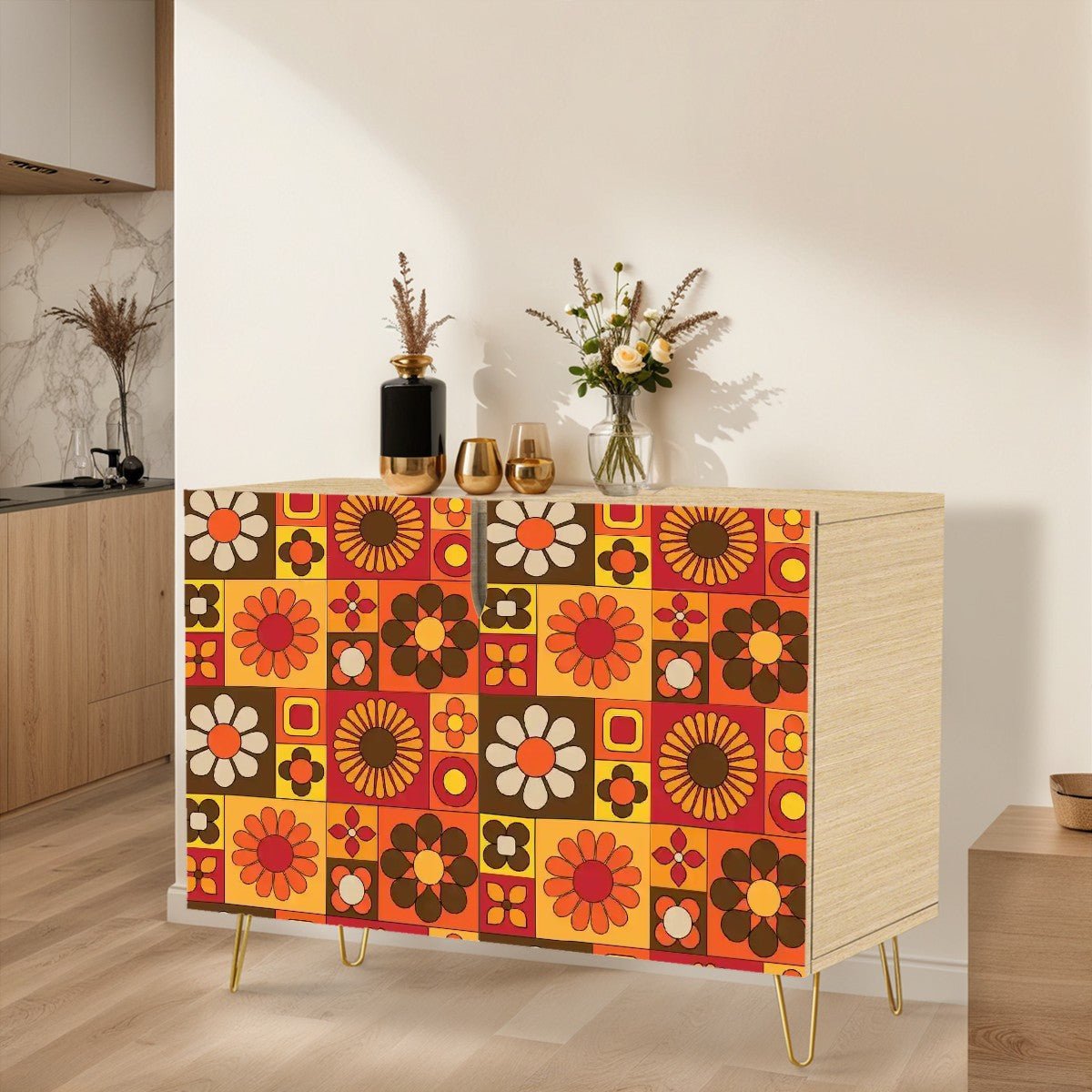 Kate McEnroe New York Retro 70s Flower Power Storage Credenza, Mid Century Modern Mod Floral Cabinet, Groovy MCM OrganizerStorage CabinetsbaJzz4zlRK