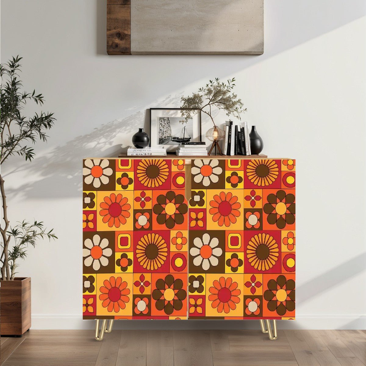 Kate McEnroe New York Retro 70s Flower Power Storage Credenza, Mid Century Modern Mod Floral Cabinet, Groovy MCM OrganizerStorage CabinetsbaJzz4zlRK