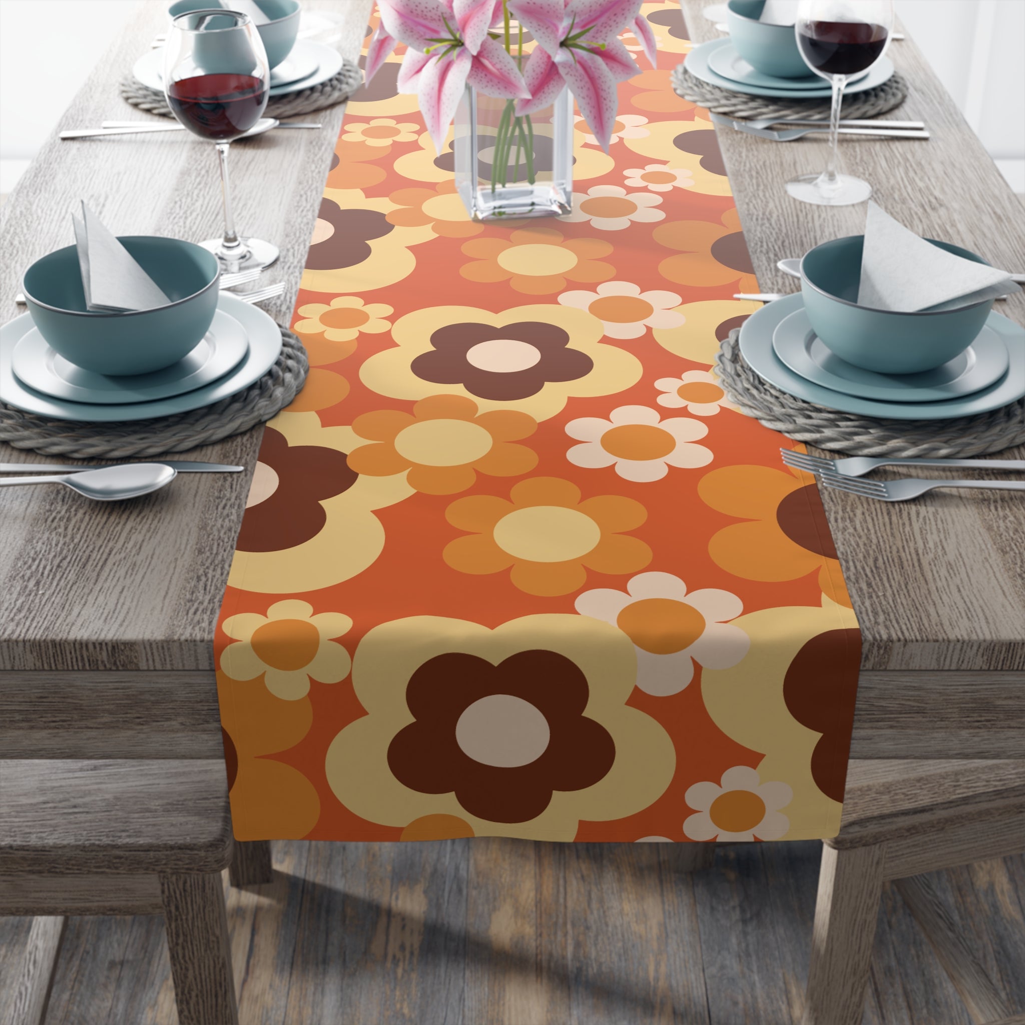 Kate McEnroe New York Retro 70s Groovy Floral Table Runner, Mid Century Modern Fall Dining AccentTable Runners17696211266409169193