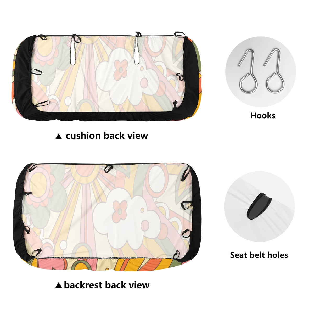 Kate McEnroe New York Retro 70s Groovy Funky Sunshine Rear Car Seat Cover Set of 2, Mid Century Modern Flower Power Seat ProtectorRear Car Seat CoversW1M7VDMY - 1