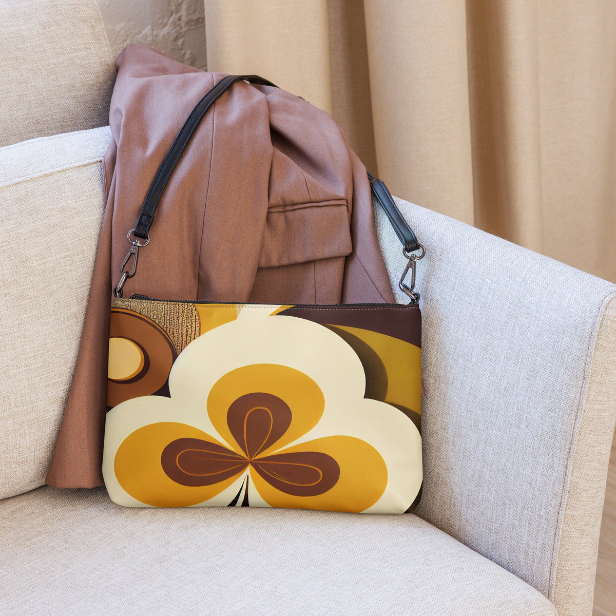 Kate McEnroe New York Retro 70s Mod Flower Power Crossbody Bag, Bold Orange & Brown Geometric Shoulder Bag, Mid Century Modern Fashion AccessoryHandbags9012215_16708