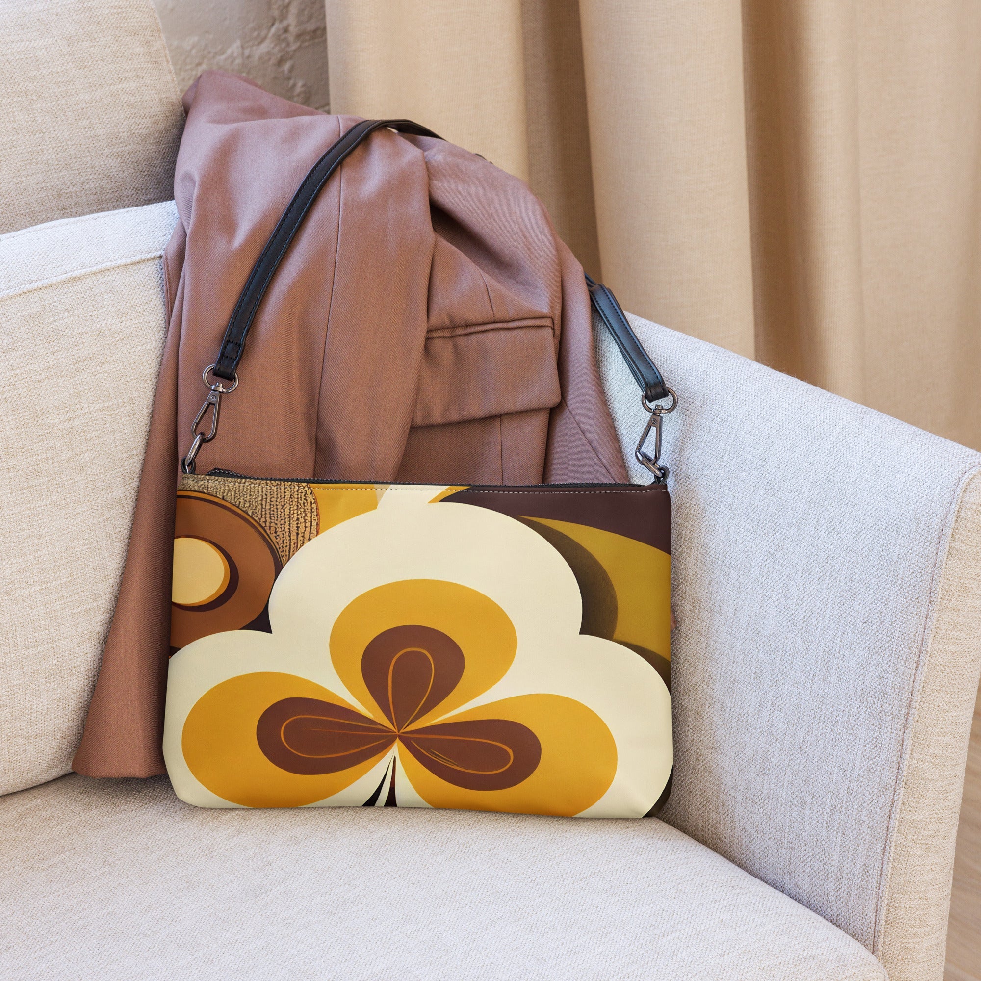 Kate McEnroe New York Retro 70s Mod Flower Power Crossbody Bag, Bold Orange & Brown Geometric Shoulder Bag, Mid Century Modern Fashion AccessoryHandbags9012215_16708