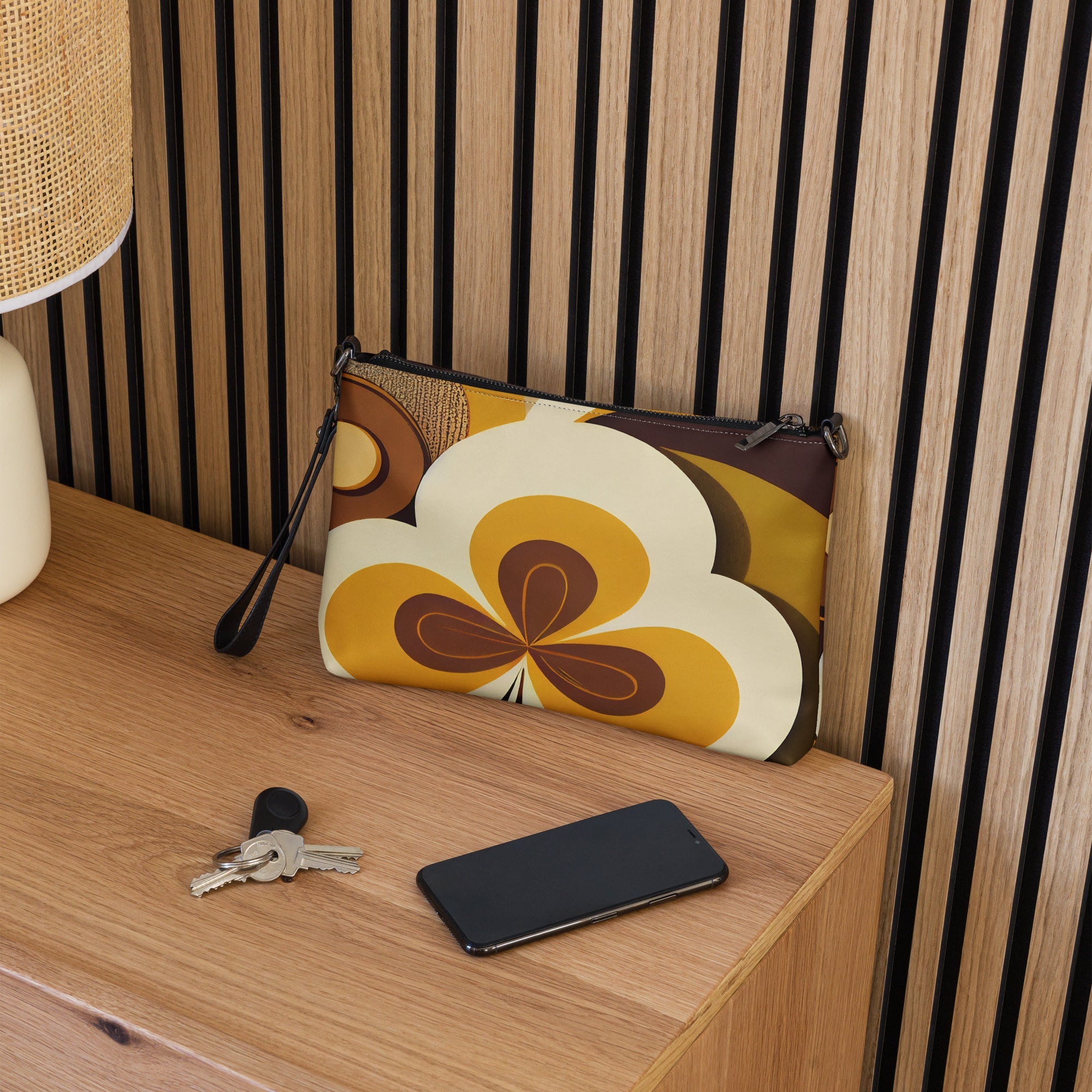 Kate McEnroe New York Retro 70s Mod Flower Power Crossbody Bag, Bold Orange & Brown Geometric Shoulder Bag, Mid Century Modern Fashion AccessoryHandbags9012215_16708