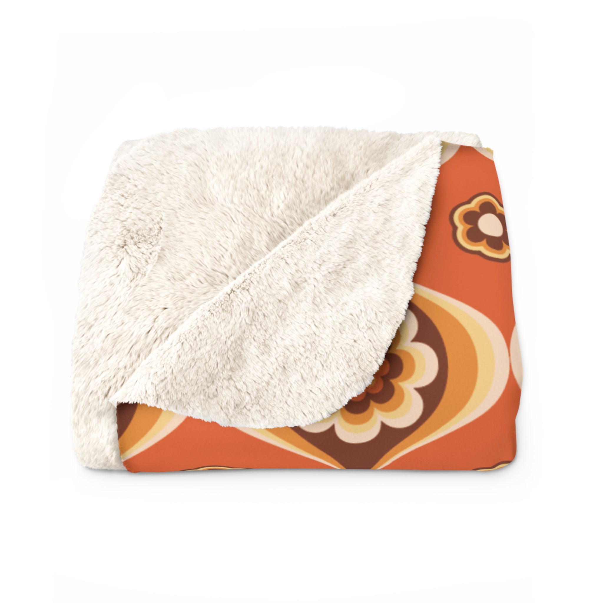Kate McEnroe New York Retro 70s Orange Floral Sherpa Throw, Groovy Mid Century Modern BlanketBlankets13311808563595151137