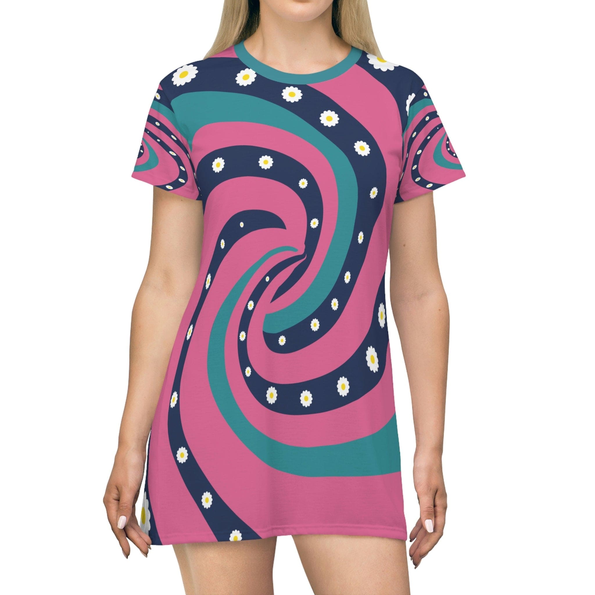 Retro 70s Psychedelic Groovy Swirl Flower Power Tshirt Dress in Mid Century Modern Teal Blue, Pink, Navy, MCM Summer Party Dress, Beach Wear XS