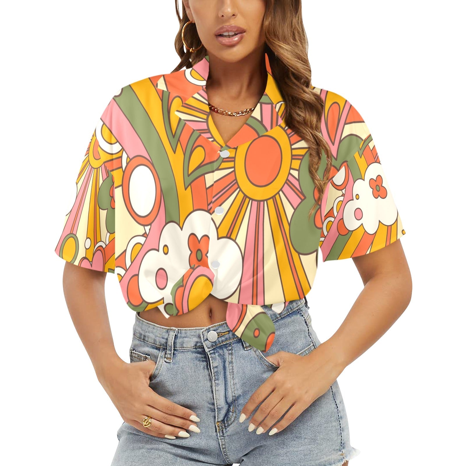 Kate McEnroe New York Retro 70s Psychedelic Hawaiian Shirt, Groovy Sunshine Floral Short Sleeve Button - UpWomen&