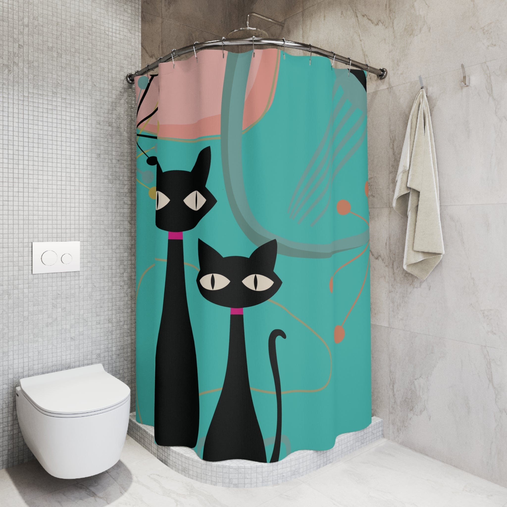 Kate McEnroe New York Retro Atomic Black Cat Mid Century Modern Shower Curtain, MCM Turquoise, Pink Bath CurtainsShower Curtains33056969364569529243