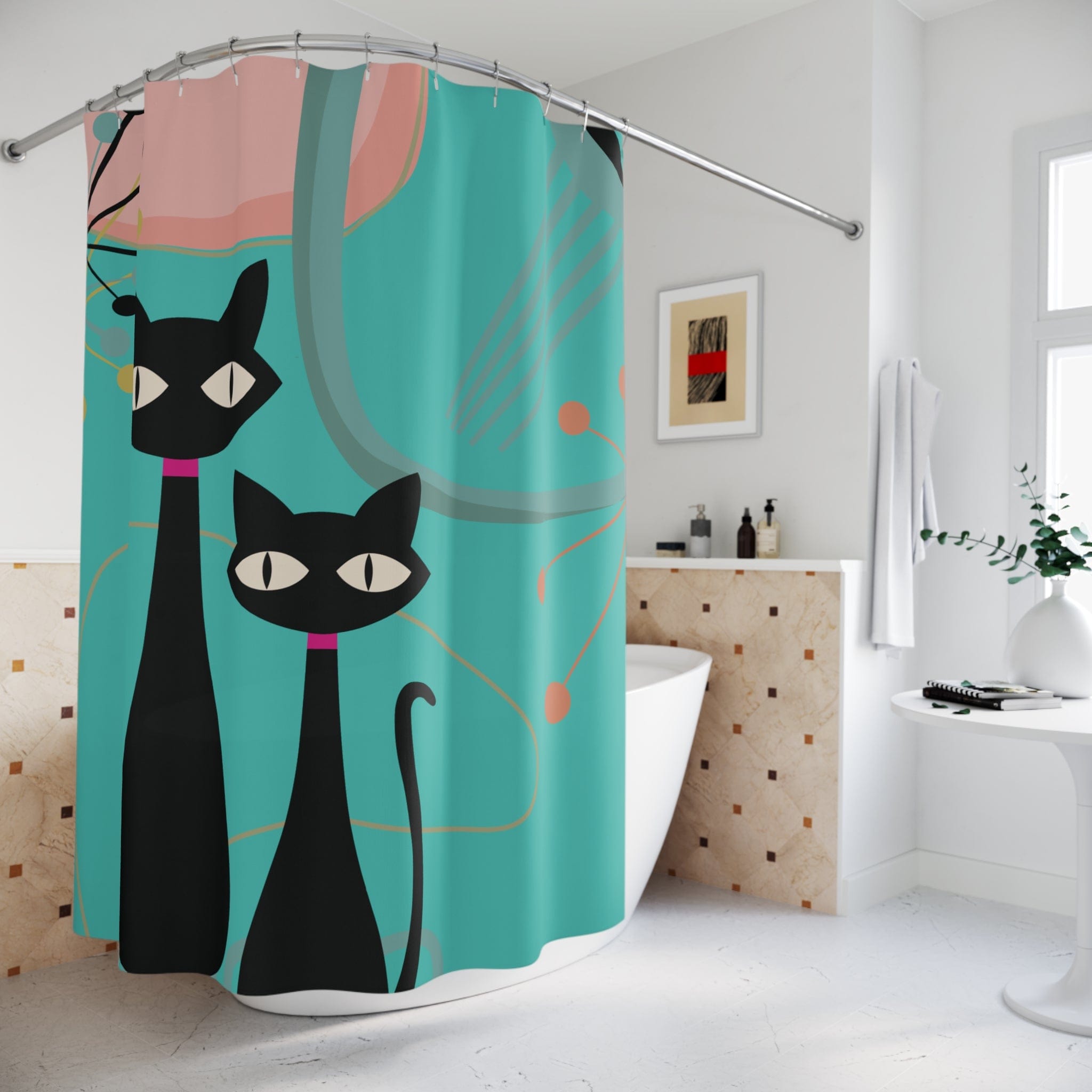 Kate McEnroe New York Retro Atomic Black Cat Mid Century Modern Shower Curtain, MCM Turquoise, Pink Bath CurtainsShower Curtains33056969364569529243