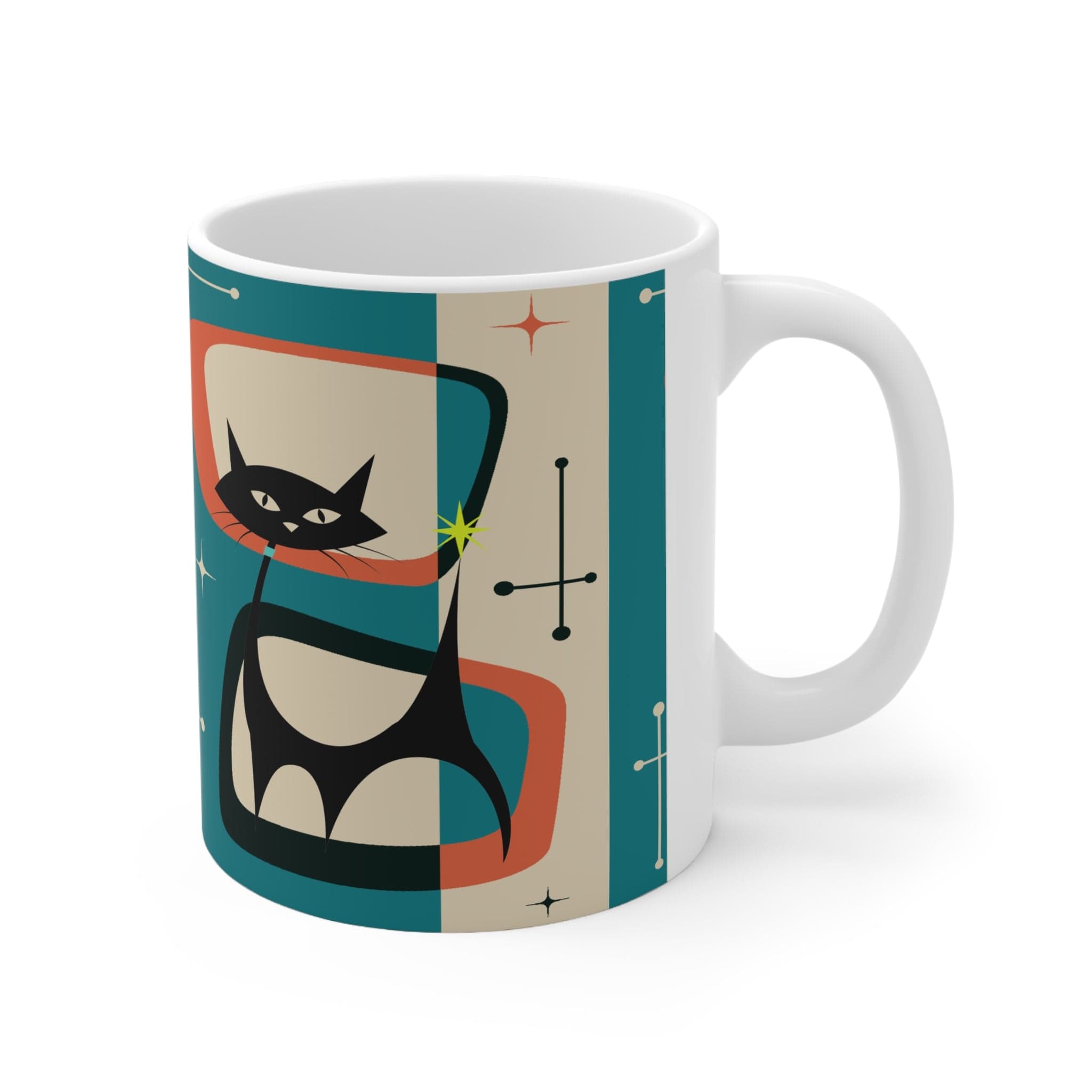 Kate McEnroe New York Retro Atomic Black Cat Mug, 11oz Teal Blue, Cream, Burnt Orange Mid Century Modern Coffee Mugs, MCM DrinkwareMugs12205455002574058109