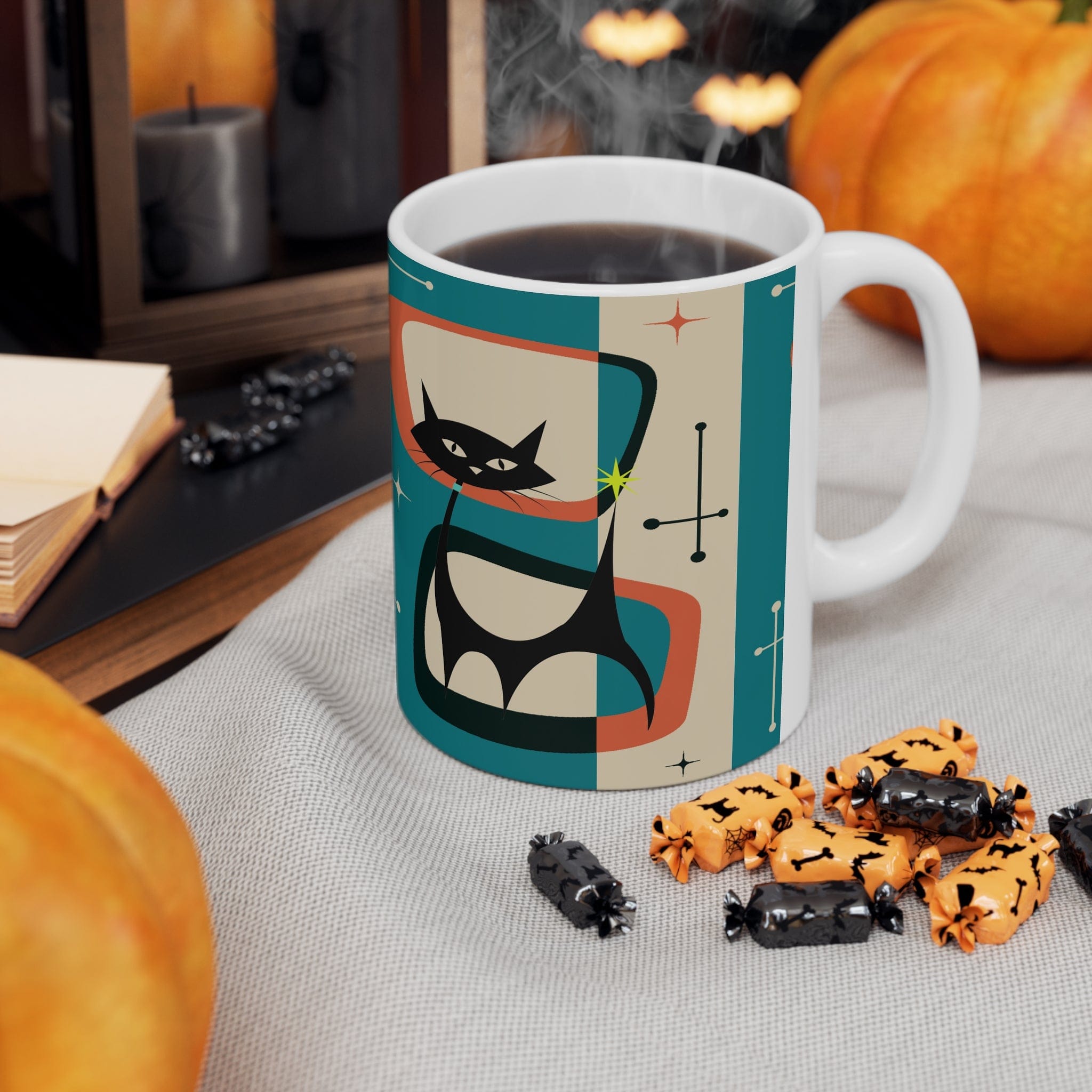 Kate McEnroe New York Retro Atomic Black Cat Mug, 11oz Teal Blue, Cream, Burnt Orange Mid Century Modern Coffee Mugs, MCM DrinkwareMugs12205455002574058109