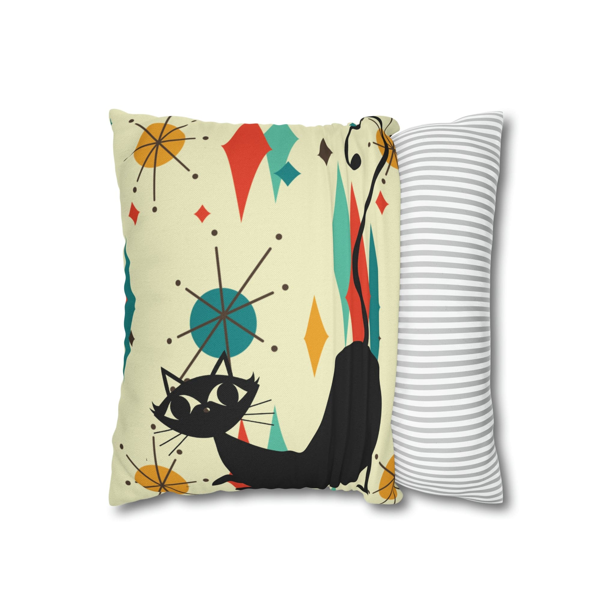 Kate McEnroe New York Retro Atomic Cat Franciscan Diamond Starburst Throw Pillow Covers in Mid Century Modern Orange, Teal, Cream HuesThrow Pillow Covers15946875490402798282