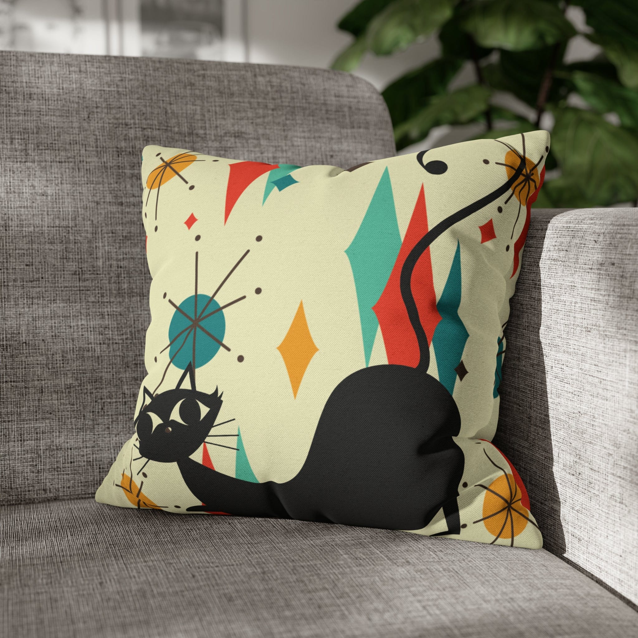 Kate McEnroe New York Retro Atomic Cat Franciscan Diamond Starburst Throw Pillow Covers in Mid Century Modern Orange, Teal, Cream HuesThrow Pillow Covers15946875490402798282