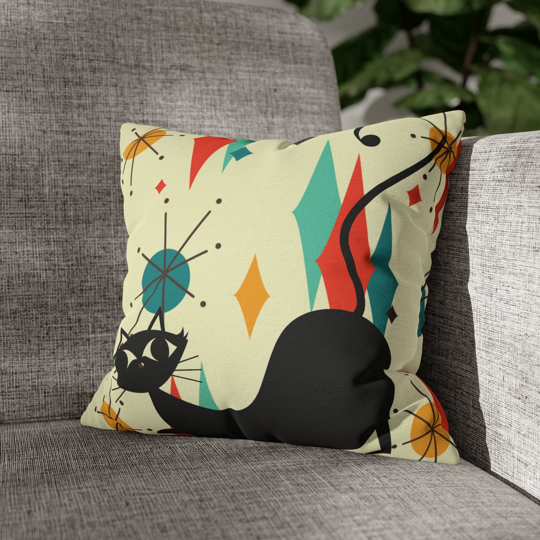 Kate McEnroe New York Retro Atomic Cat Franciscan Diamond Starburst Throw Pillow Covers in Mid Century Modern Orange, Teal, Cream HuesThrow Pillow Covers15946875490402798282