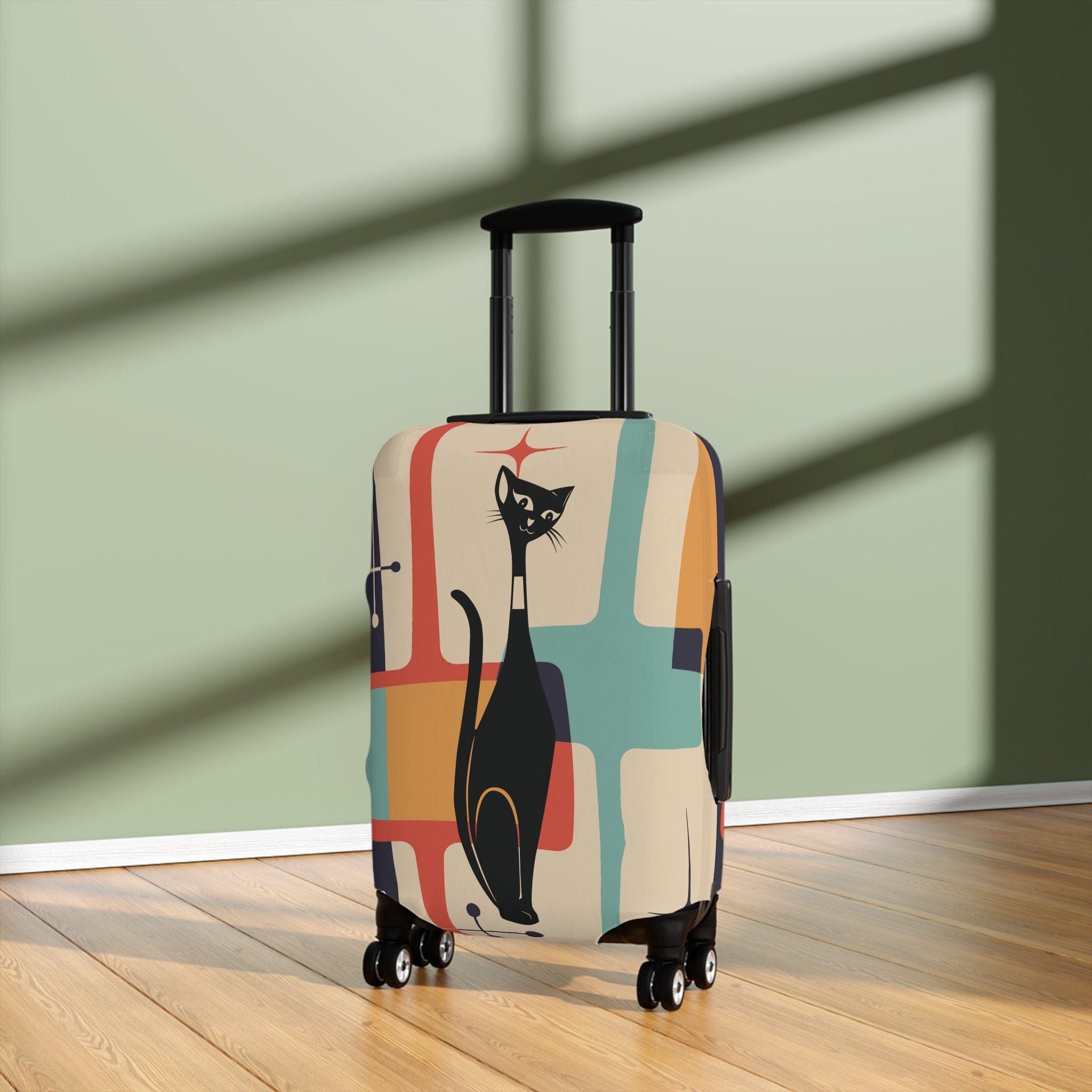 Kate McEnroe New York Retro Atomic Cat Luggage Cover, Mid - Century Teal & Mustard Design, Vintage Style Suitcase ProtectorLuggage Covers20806094676411594419