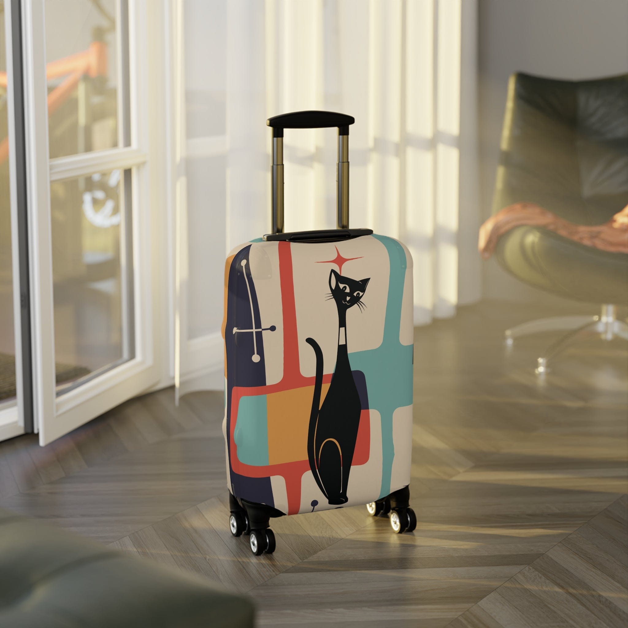 Kate McEnroe New York Retro Atomic Cat Luggage Cover, Mid - Century Teal & Mustard Design, Vintage Style Suitcase ProtectorLuggage Covers21800754006061987574