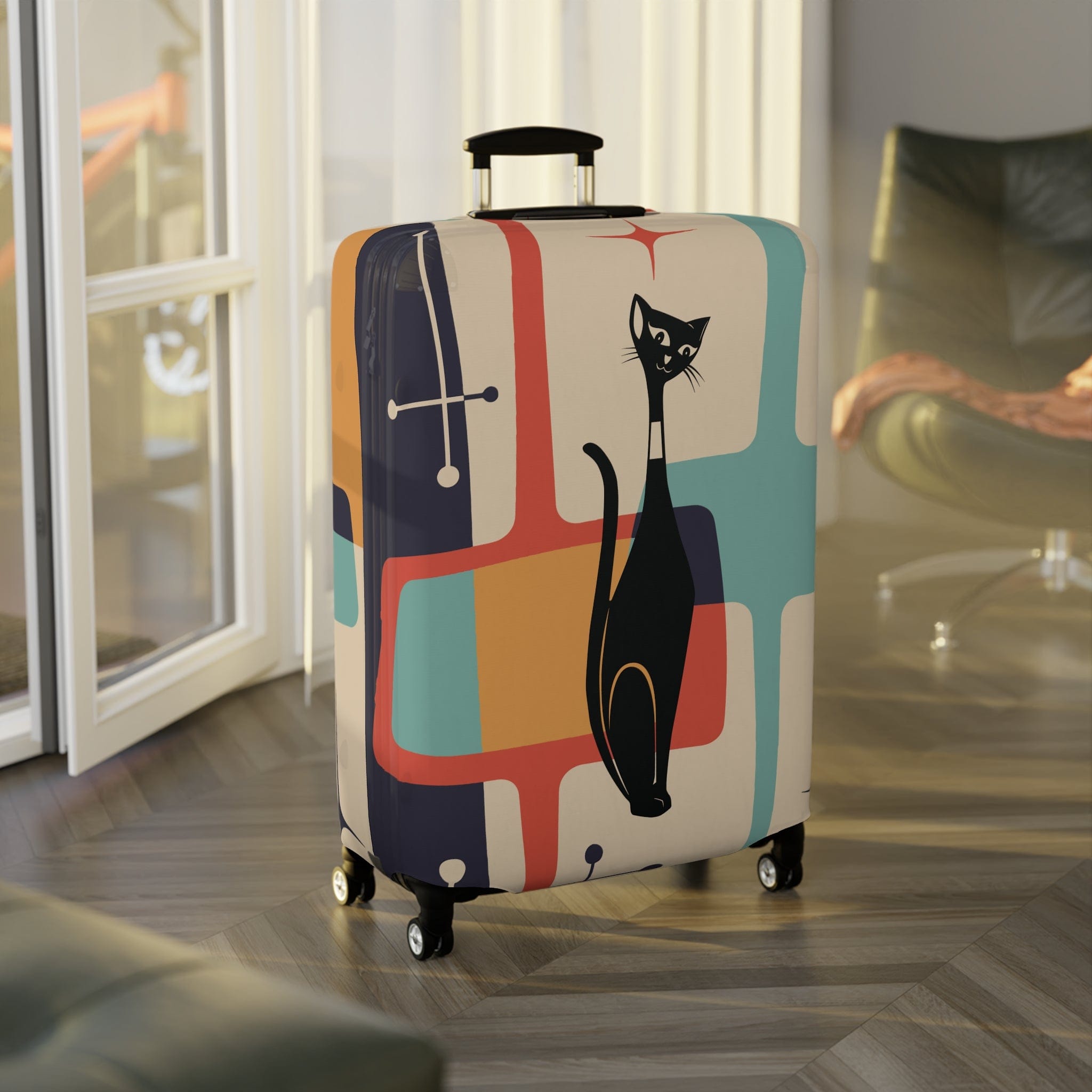Kate McEnroe New York Retro Atomic Cat Luggage Cover, Mid - Century Teal & Mustard Design, Vintage Style Suitcase ProtectorLuggage Covers21800754006061987574
