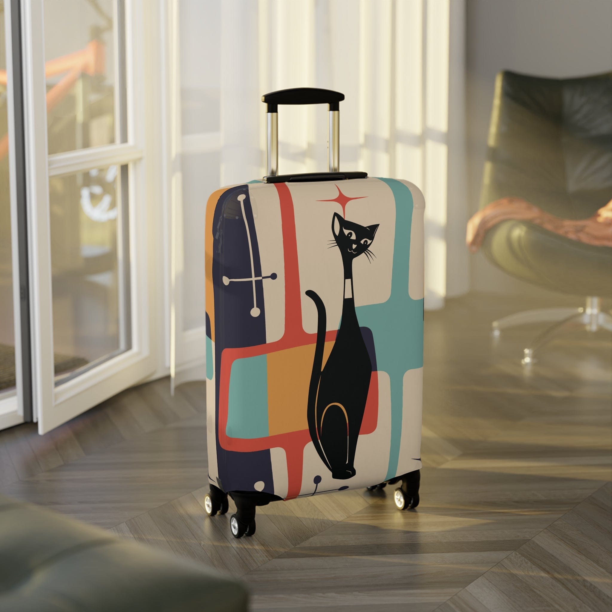 Kate McEnroe New York Retro Atomic Cat Luggage Cover, Mid - Century Teal & Mustard Design, Vintage Style Suitcase ProtectorLuggage Covers21800754006061987574