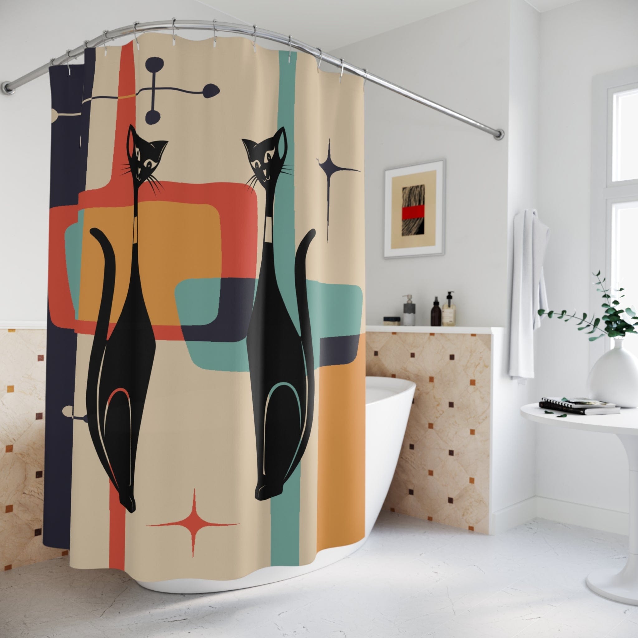Kate McEnroe New York Retro Atomic Cat MCM Starburst Shower CurtainsShower CurtainsS40 - ORA - CAT - 7X7