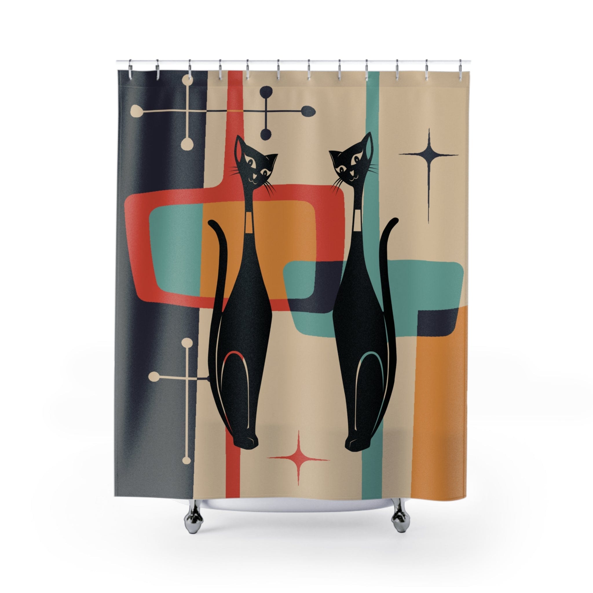 Kate McEnroe New York Retro Atomic Cat MCM Starburst Shower CurtainsShower CurtainsS40 - ORA - CAT - 7X7