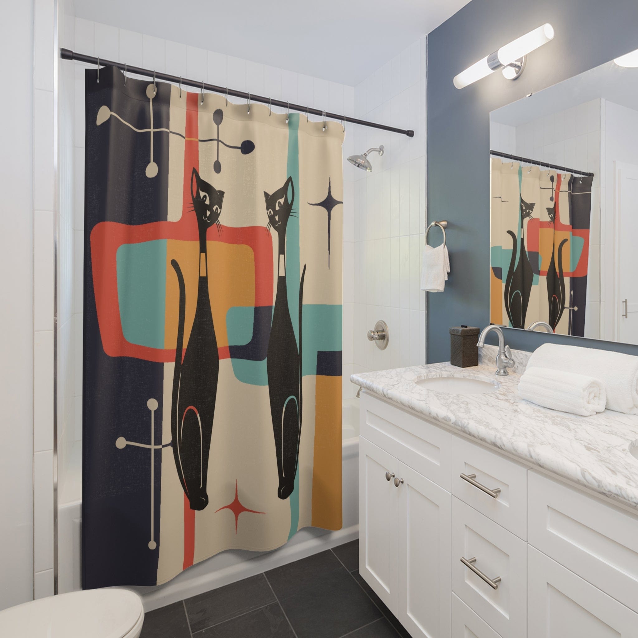 Kate McEnroe New York Retro Atomic Cat MCM Starburst Shower CurtainsShower CurtainsS40 - ORA - CAT - 7X9