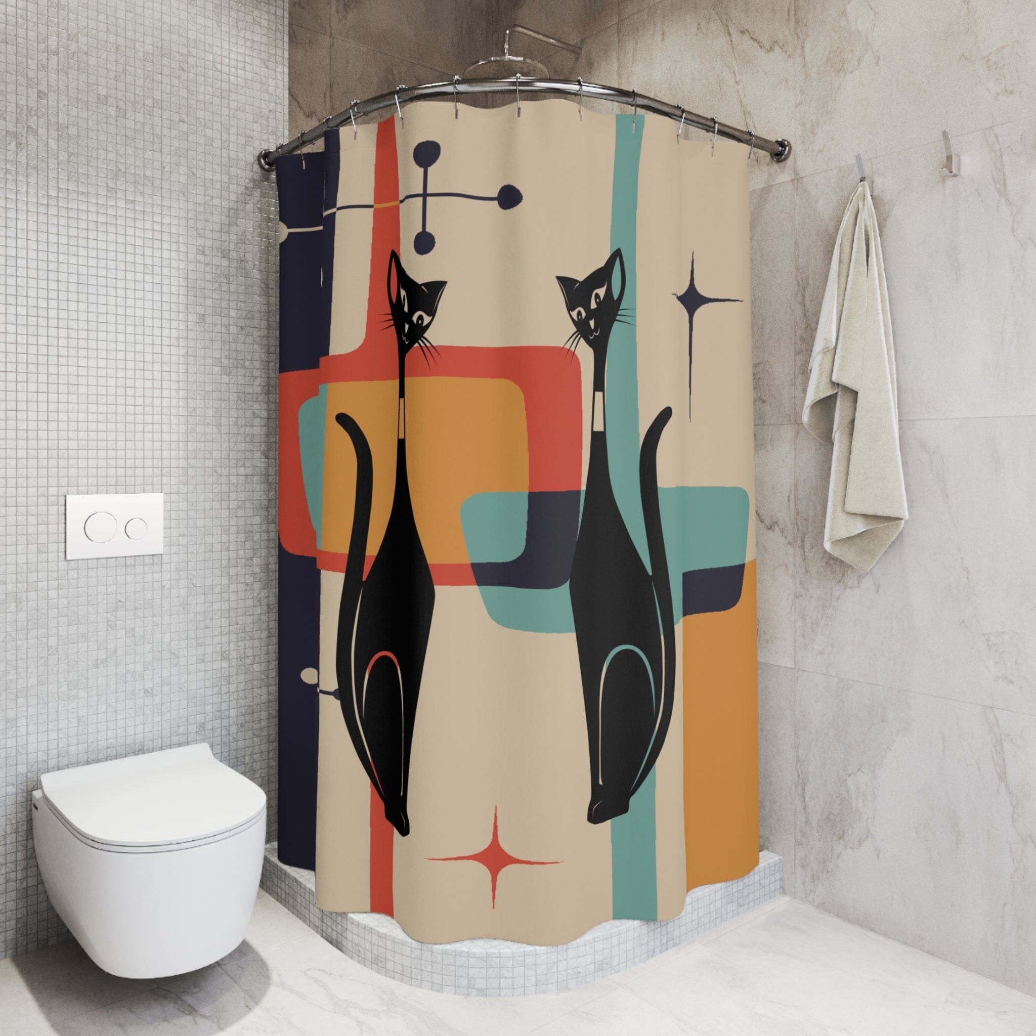 Kate McEnroe New York Retro Atomic Cat MCM Starburst Shower CurtainsShower CurtainsS40 - ORA - CAT - 7X9