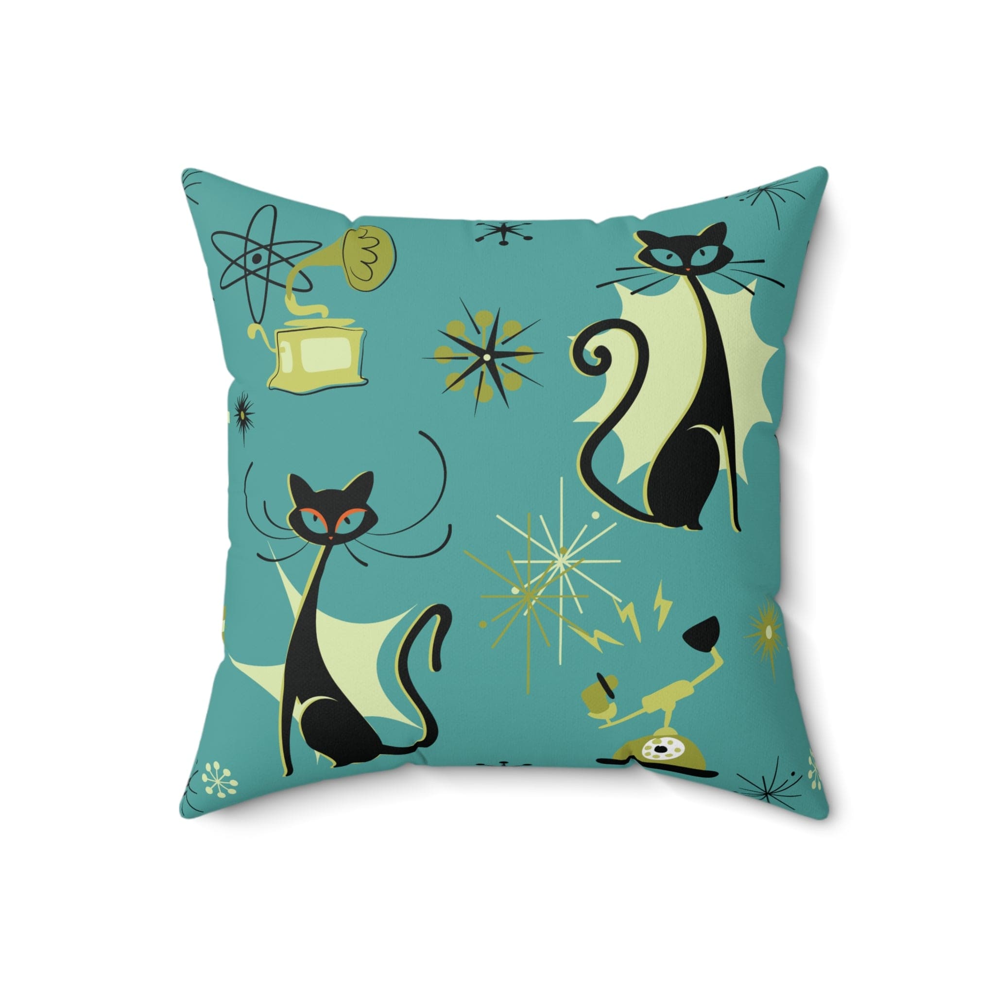 Kate McEnroe New York Retro Atomic Cat Mid Century Modern Teal, Green Throw PillowThrow Pillows89237957069866915019