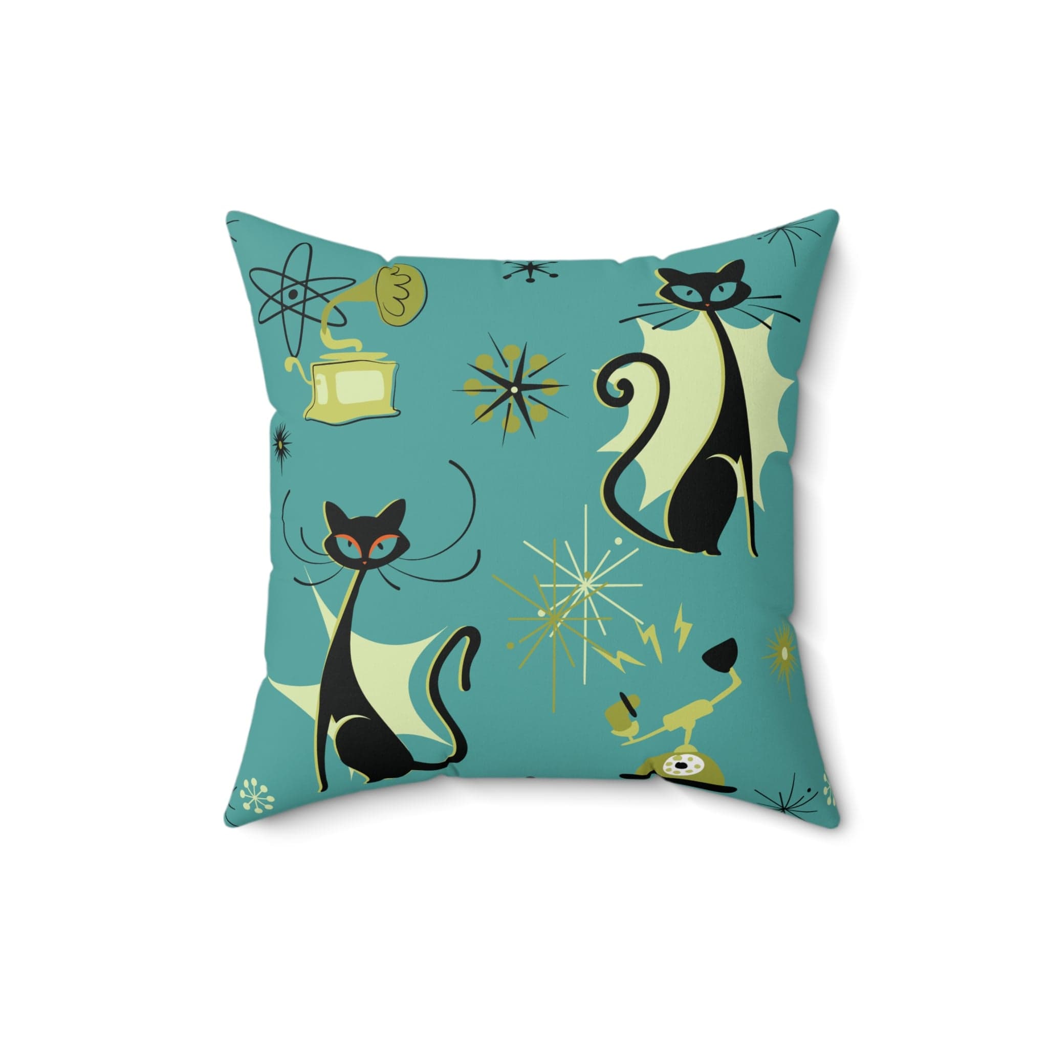 Kate McEnroe New York Retro Atomic Cat Mid Century Modern Teal, Green Throw PillowThrow Pillows89237957069866915019
