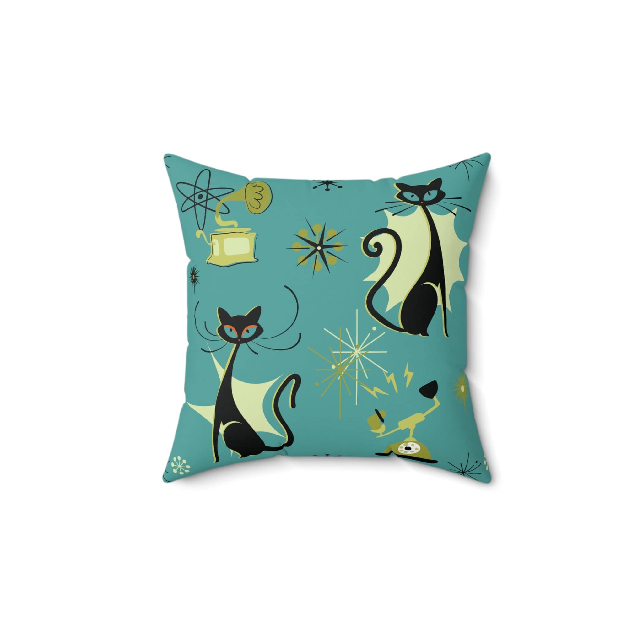 Kate McEnroe New York Retro Atomic Cat Mid Century Modern Teal, Green Throw PillowThrow Pillows89237957069866915019