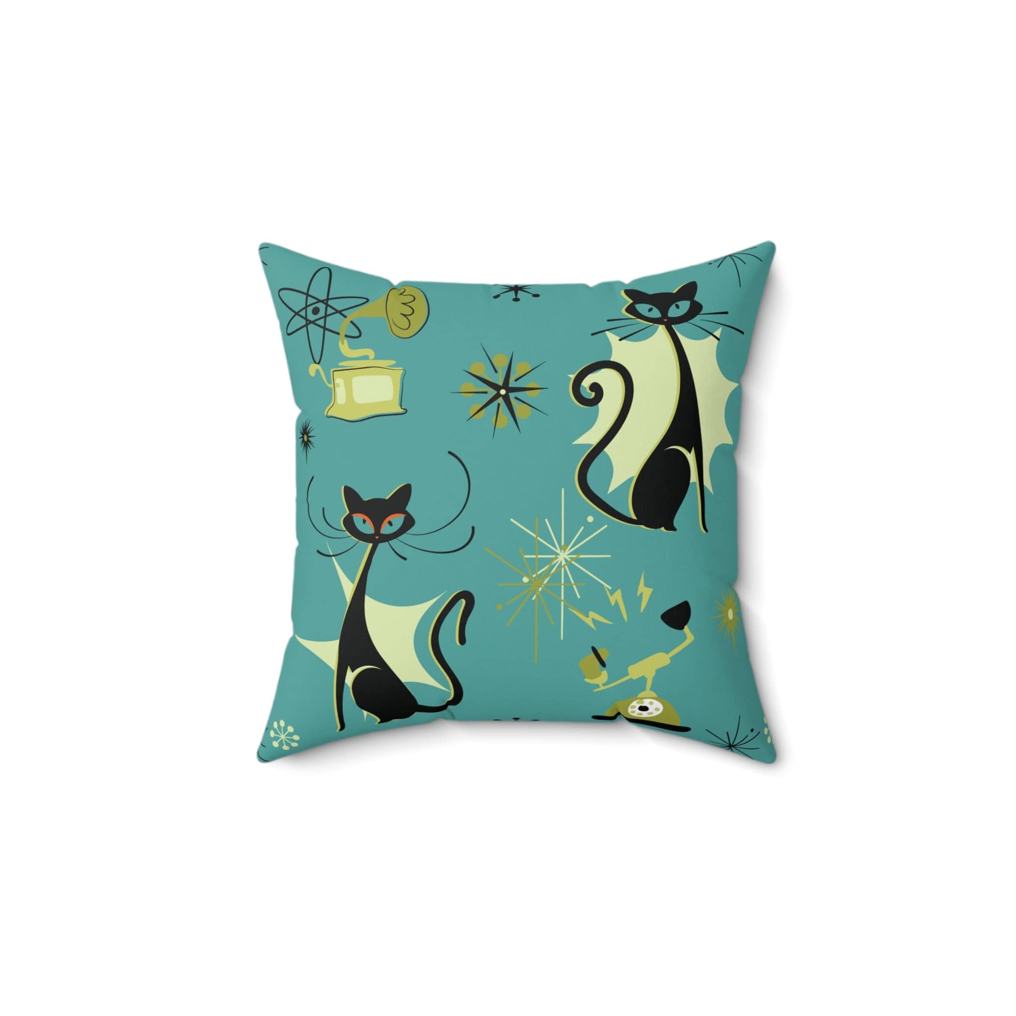 Kate McEnroe New York Retro Atomic Cat Mid Century Modern Teal, Green Throw PillowThrow Pillows94606239295702184896