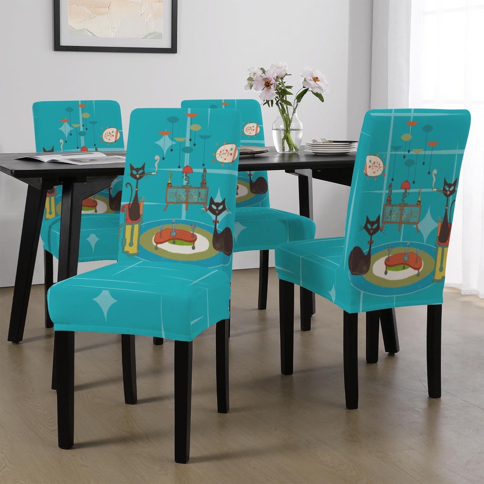 Kate McEnroe New York Retro Atomic Cat Mid Century Modern Turquoise Dining Chair CoversChair SlipcoversD3231154