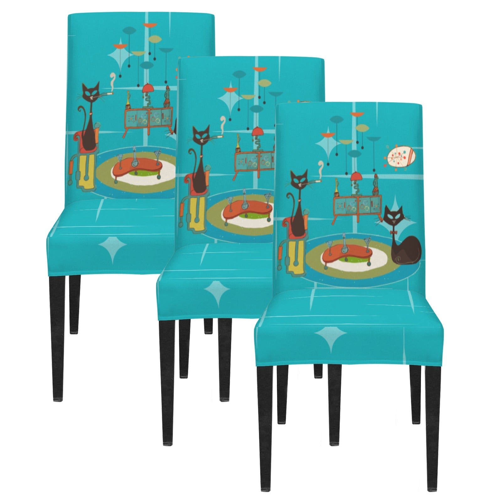 Kate McEnroe New York Retro Atomic Cat Mid Century Modern Turquoise Dining Chair CoversChair SlipcoversD3231155