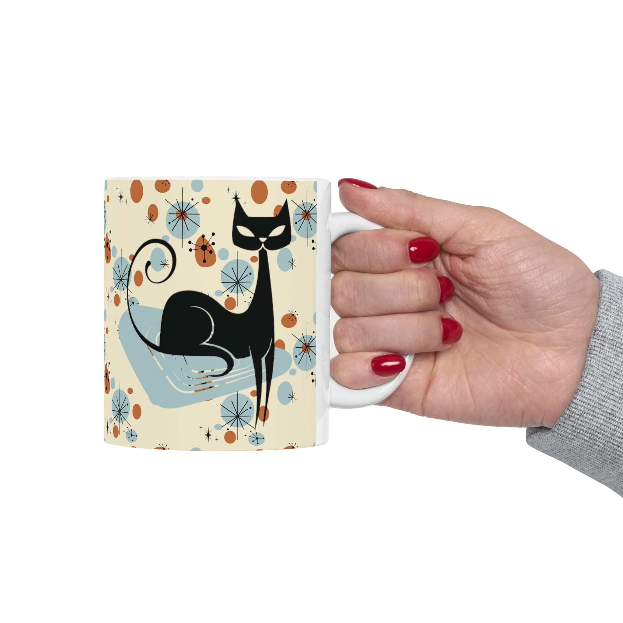 Kate McEnroe New York Retro Atomic Cat Mug, Mid Century Modern Kitchenware, MCM Starburst Coffee Cup, Vintage Style DrinkwareMugs18397329993031186646