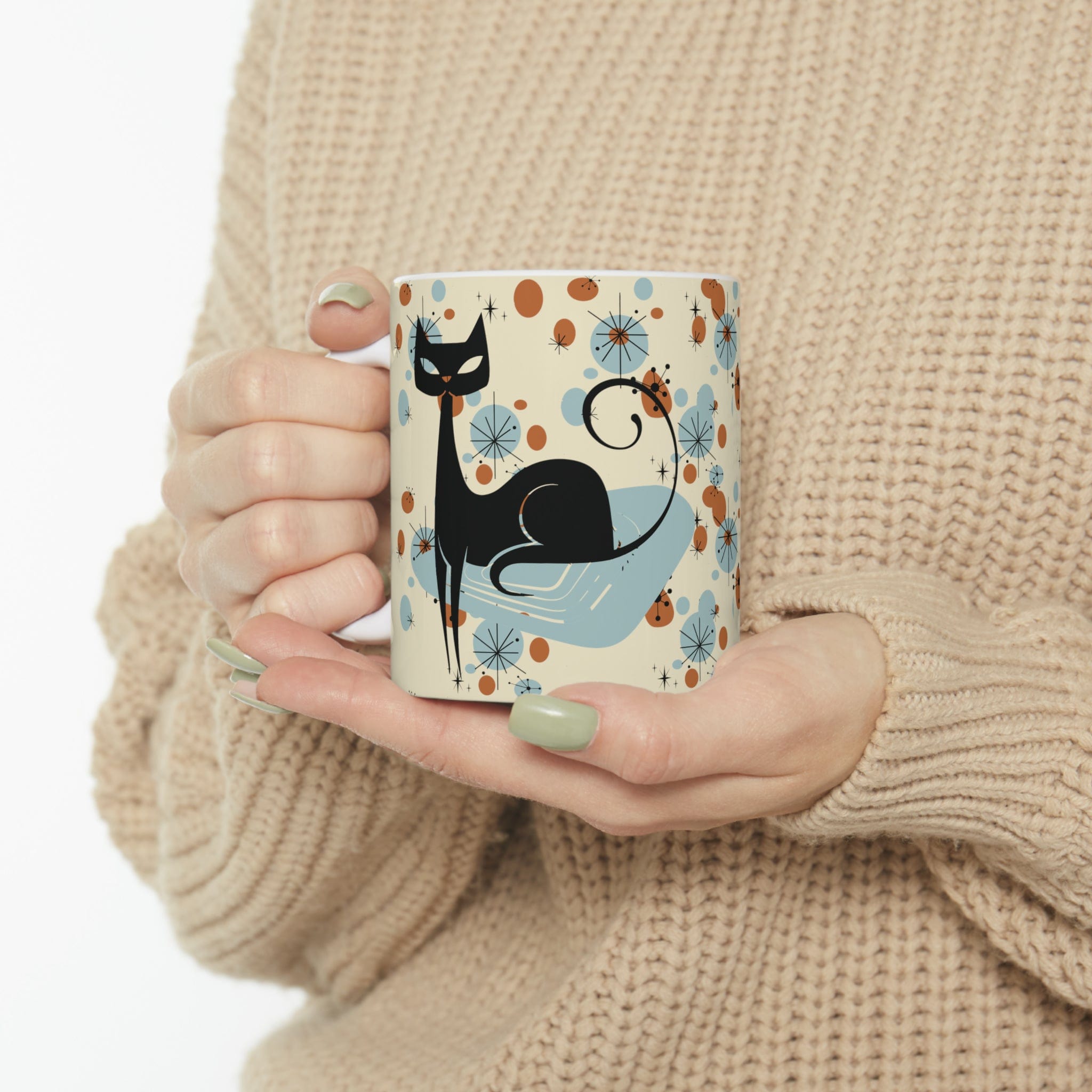 Kate McEnroe New York Retro Atomic Cat Mug, Mid Century Modern Kitchenware, MCM Starburst Coffee Cup, Vintage Style DrinkwareMugs18397329993031186646