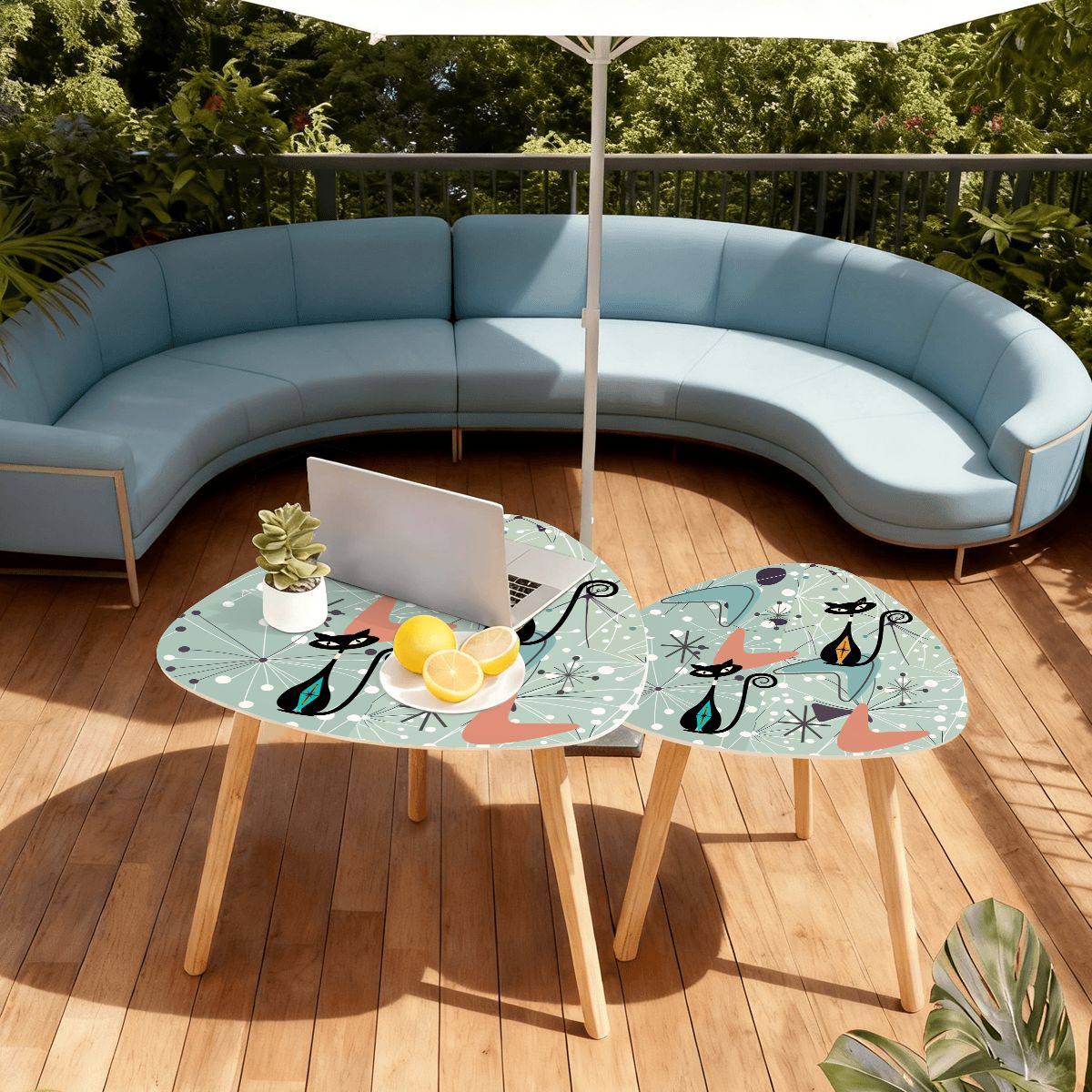Kate McEnroe New York Retro Atomic Cat Nesting Tables, Mid Century Modern Boomerang Starburst, Teal Coral Space Age FurnitureNesting TablesQqtSajbqpY