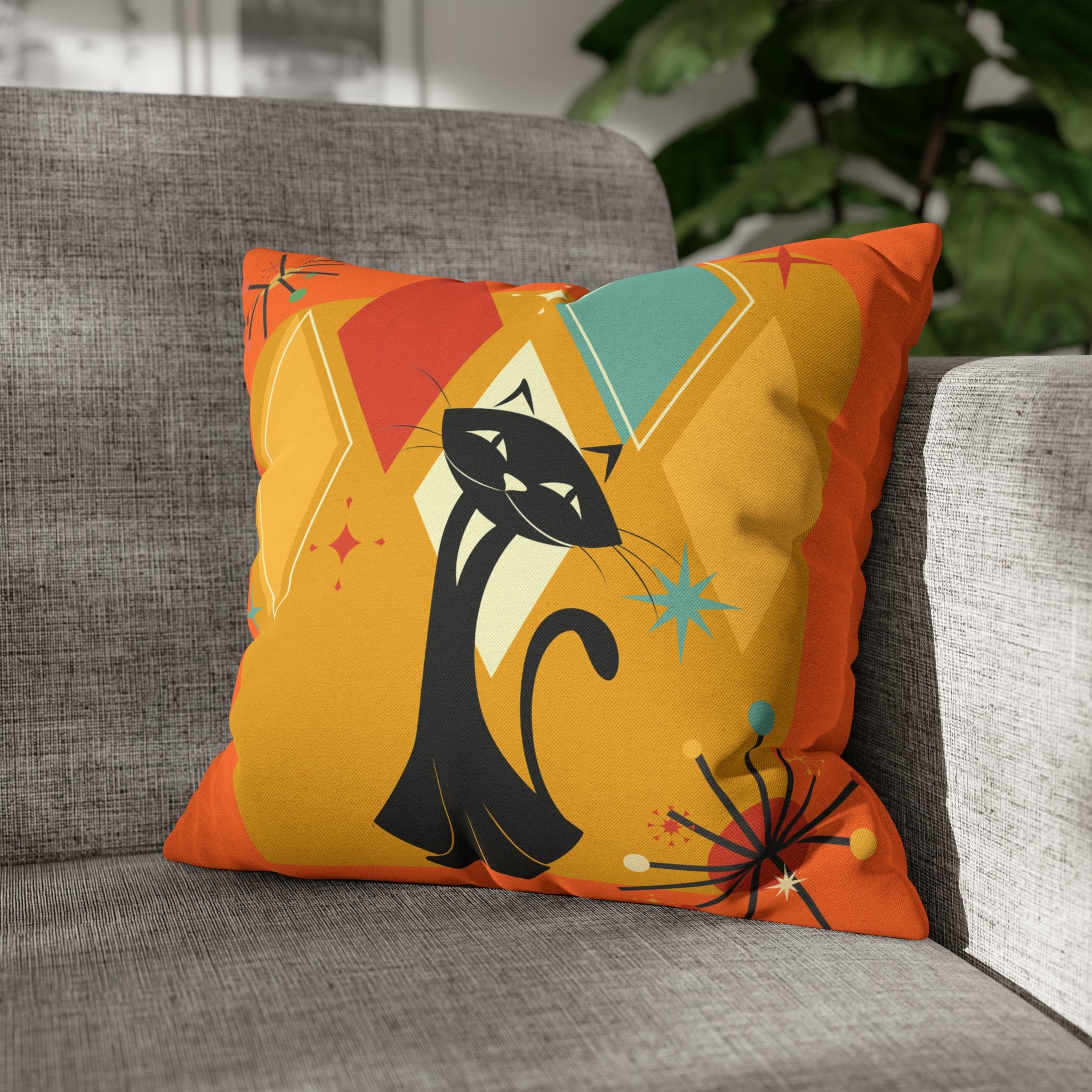 Kate McEnroe New York Retro Atomic Cat Pillow Cover, Mid Century Modern Orange, Teal, Yellow Cushion Covers, MCM Pillow CaseThrow Pillow Covers19956635469152840928