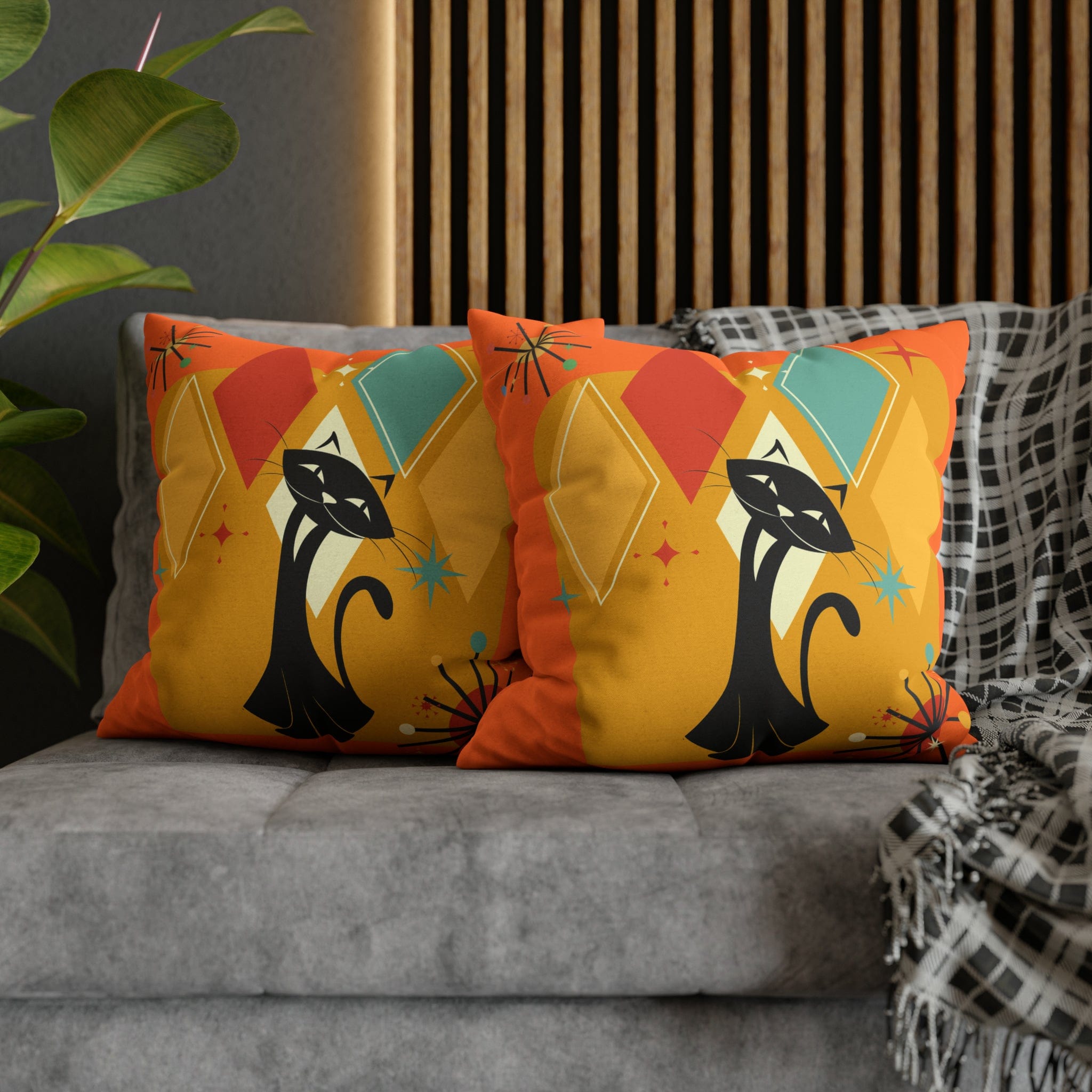 Kate McEnroe New York Retro Atomic Cat Pillow Cover, Mid Century Modern Orange, Teal, Yellow Cushion Covers, MCM Pillow CaseThrow Pillow Covers24485064343123178869