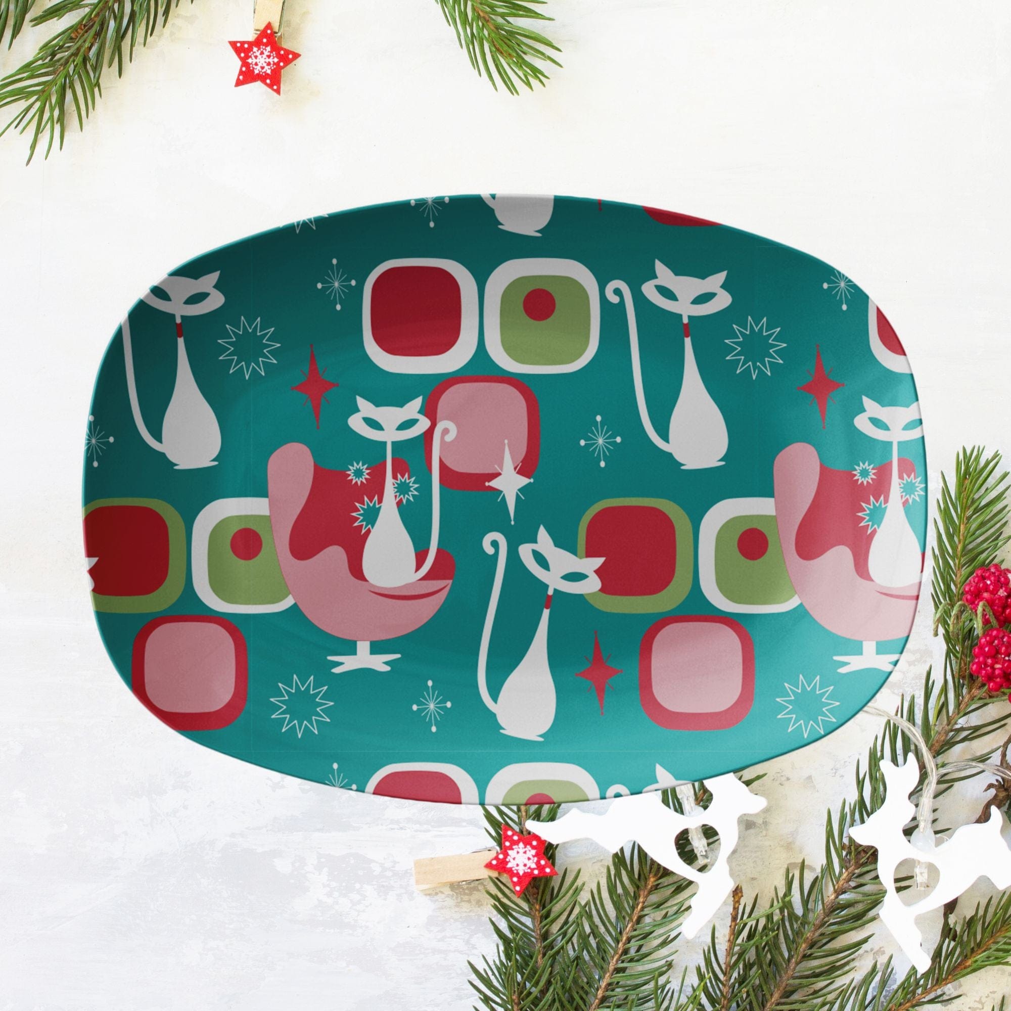 Kate McEnroe New York Retro Atomic Cat Serving Platter, Mid Century Modern Tray, Holiday DinnerwareServing Platters9727