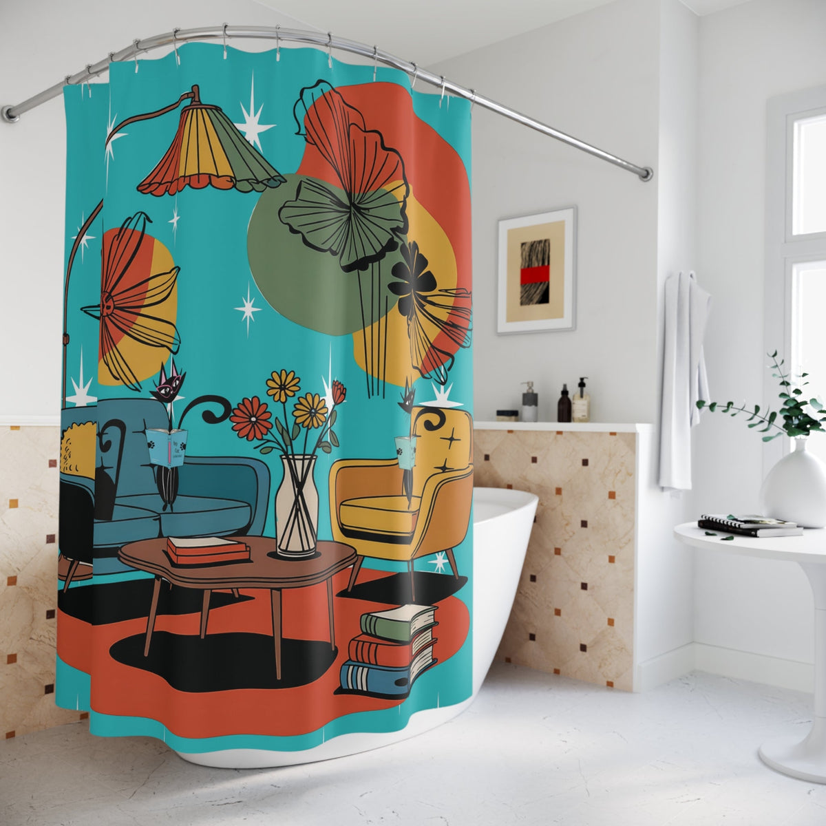 Kate McEnroe New York Retro Atomic Cat Shower Curtain, Mid Century Modern Bathroom Decor, MCM Bookish Lounge 50s Kitsch CurtainShower Curtains53705696308852237720