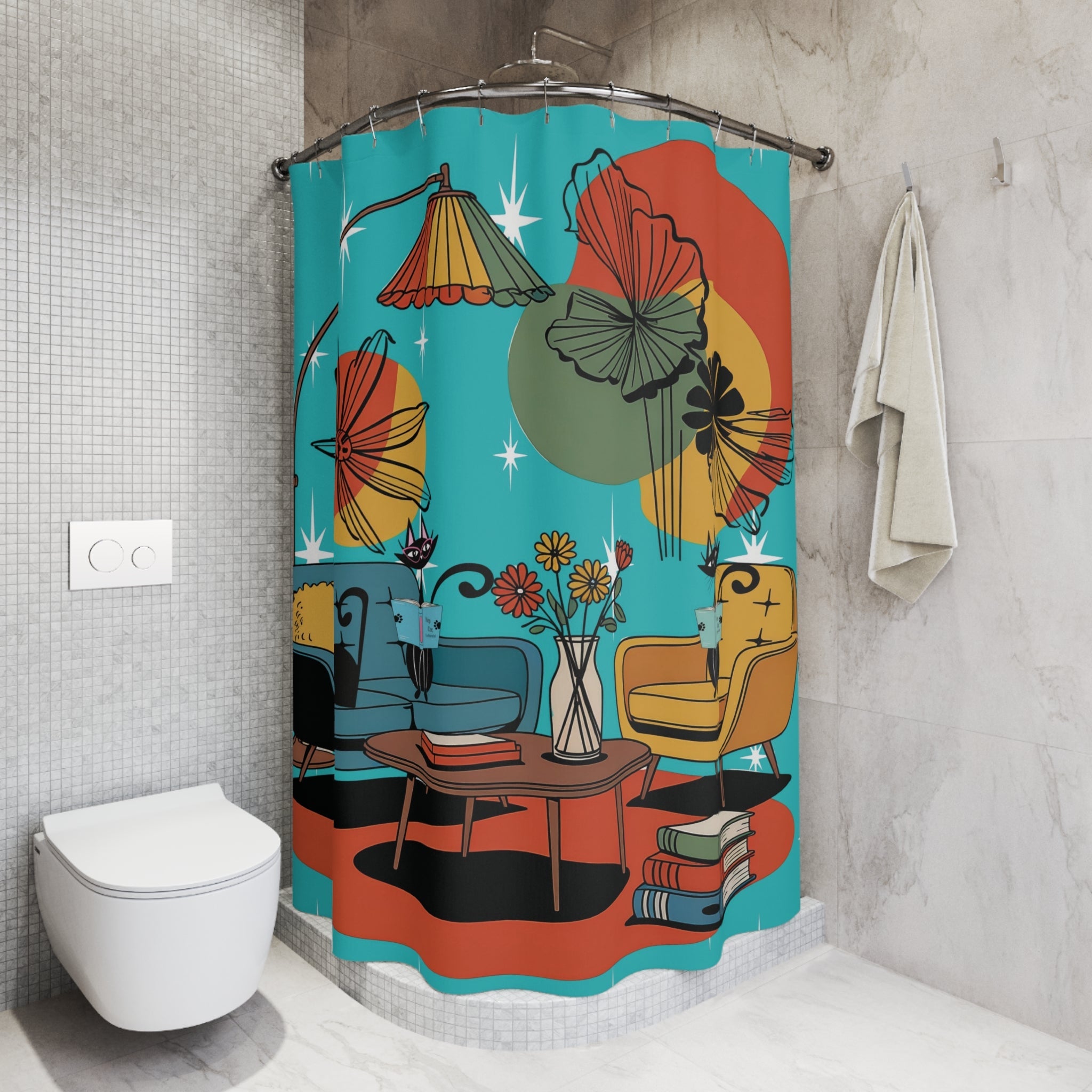 Kate McEnroe New York Retro Atomic Cat Shower Curtain, Mid Century Modern Bathroom Decor, MCM Bookish Lounge 50s Kitsch CurtainShower Curtains53705696308852237720