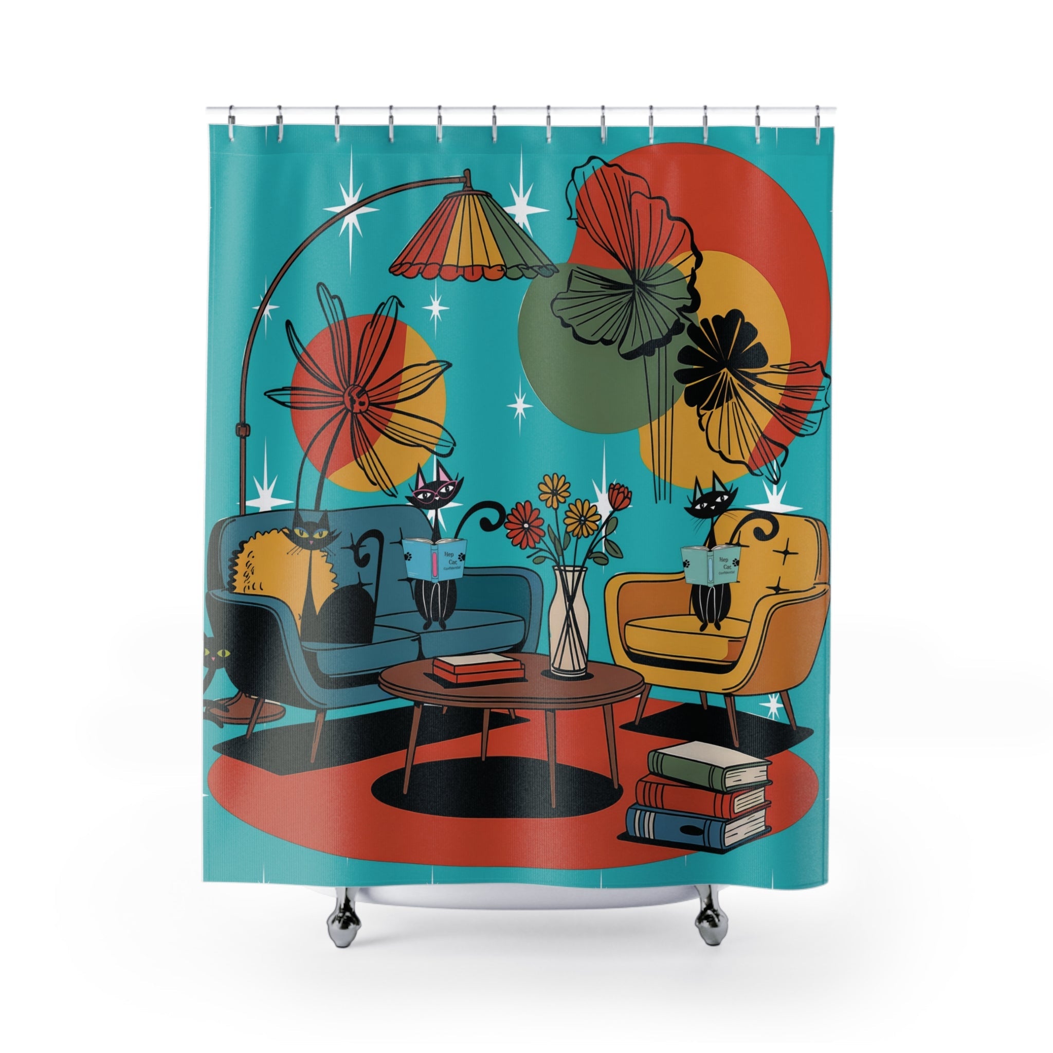 Kate McEnroe New York Retro Atomic Cat Shower Curtain, Mid Century Modern Bathroom Decor, MCM Bookish Lounge 50s Kitsch CurtainShower Curtains53705696308852237720