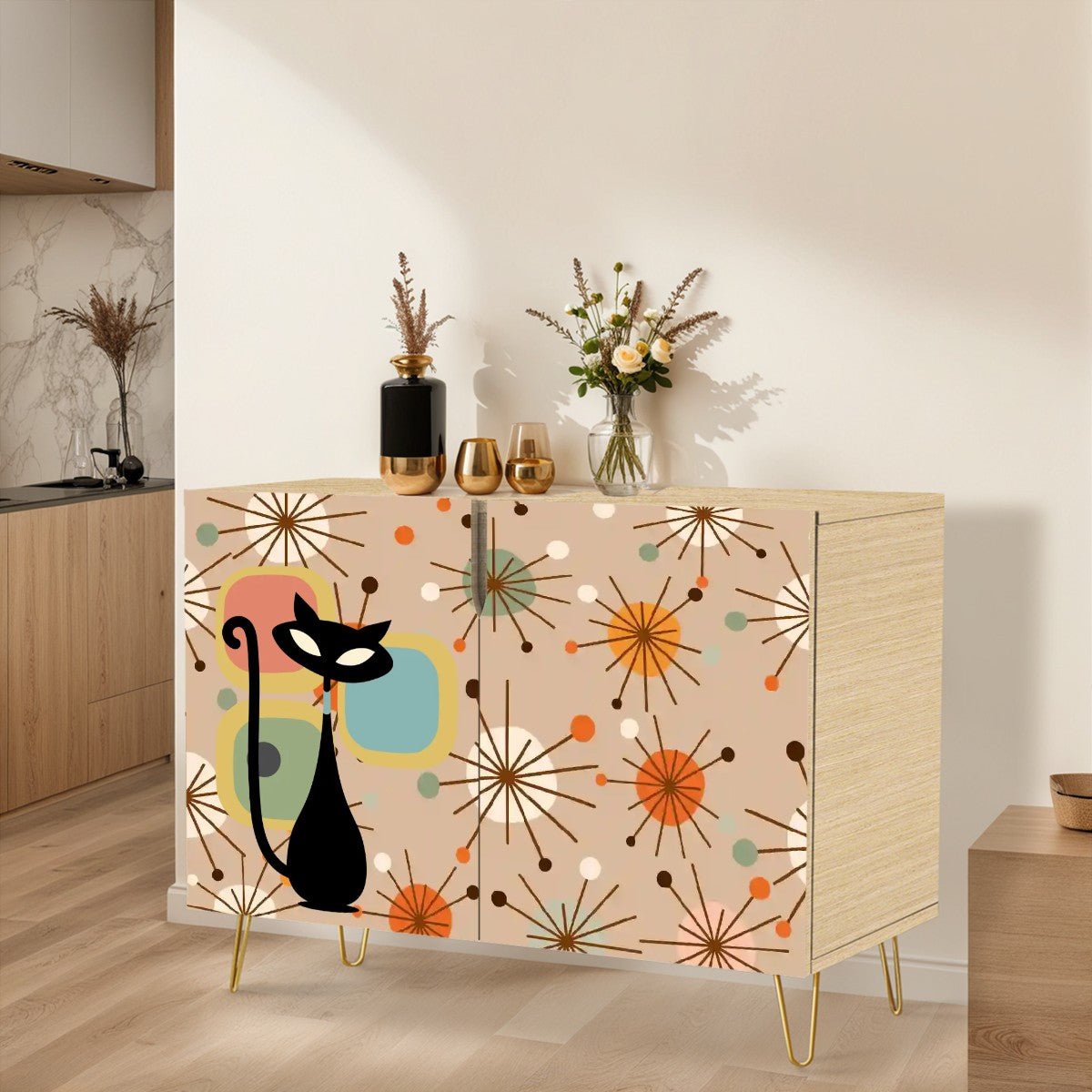 Kate McEnroe New York Retro Atomic Cat Starburst Storage Cabinet, Mid Century Modern 50s Space Age SideboardStorage Cabinets52USMTvy8o